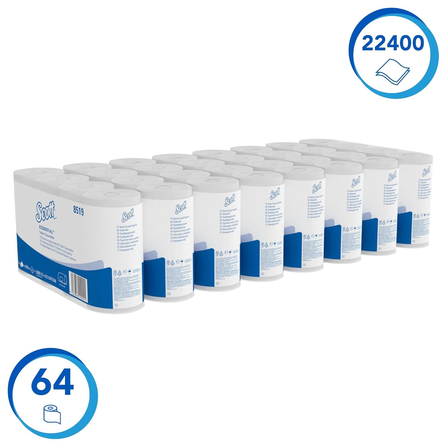 Scott® Essentialtm 8519 toiletpapir 2-lags hvidt Fsc-certificeret genbrugsfiber toiletpapir 64 ruller X 350 ark (i alt 22.400 ark)