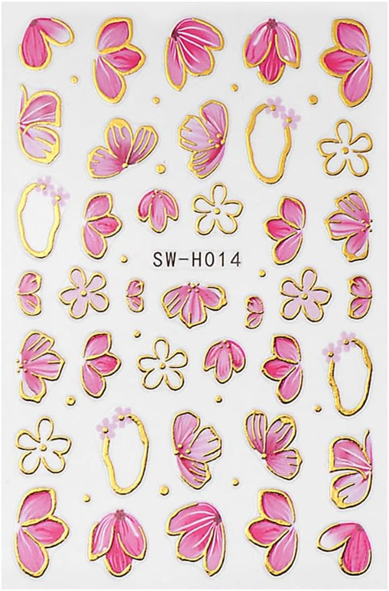 Guld Linie Schieber Rosa Nagelsticker Blumen 3D Flower Nail Sticker Sakura Blütenblätter Blumen Nagelaufkleber Frühling Sommer Floral Nagel Sticker Flowers Nagel Stickers Nageldesign Zubehör Nail Art