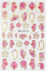 Guld Linie Schieber Rosa Nagelsticker Blumen 3D Flower Nail Sticker Sakura Blütenblätter Blumen Nagelaufkleber Frühling Sommer Floral Nagel Sticker Flowers Nagel Stickers Nageldesign Zubehör Nail Art