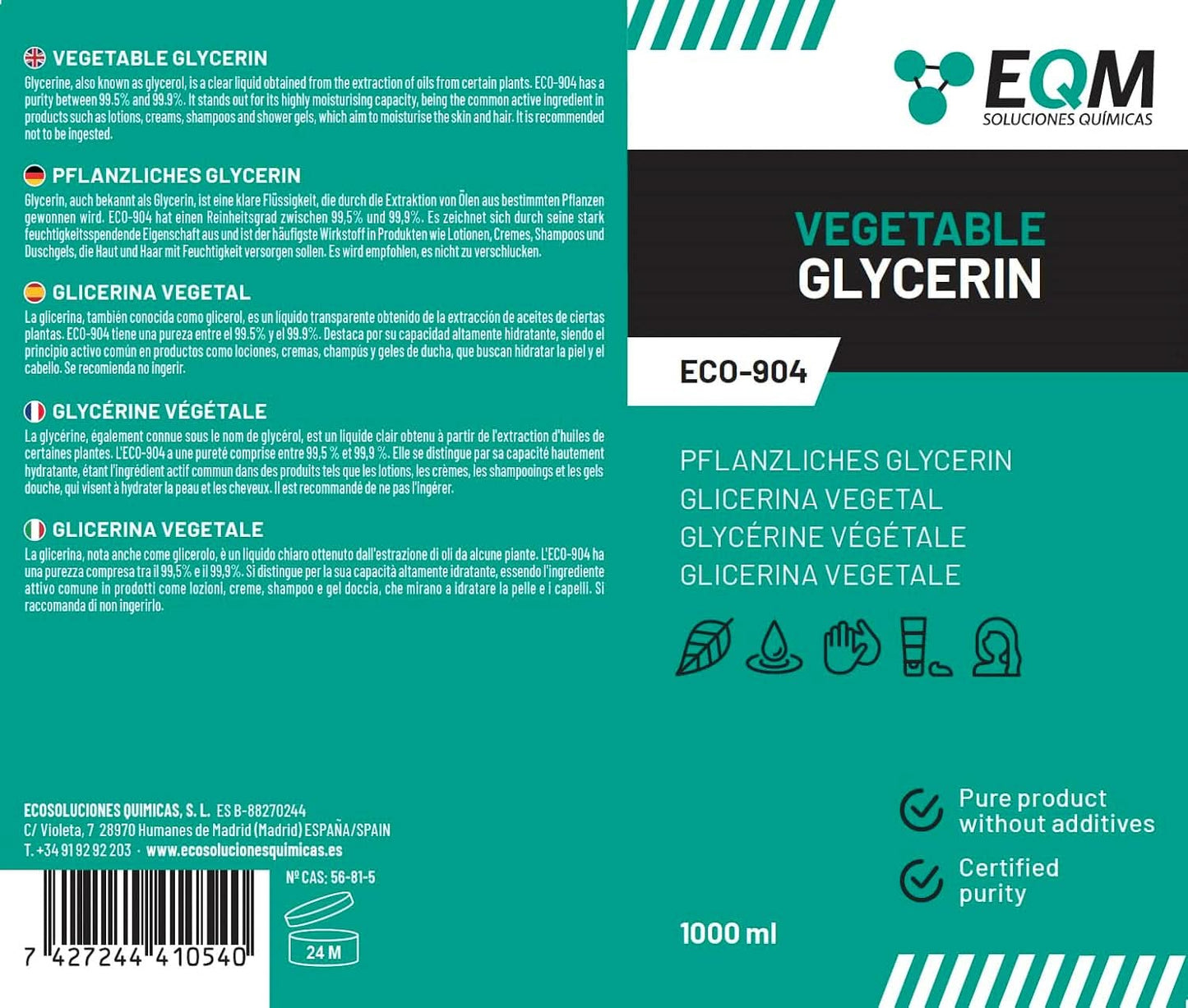 Vegetabilsk glycerin, 100% naturlig, naturlig fugtighedscreme til hår og hud, ideel til sæber, shampoo, cremer, 1 liter bruser og bad Naty Shop