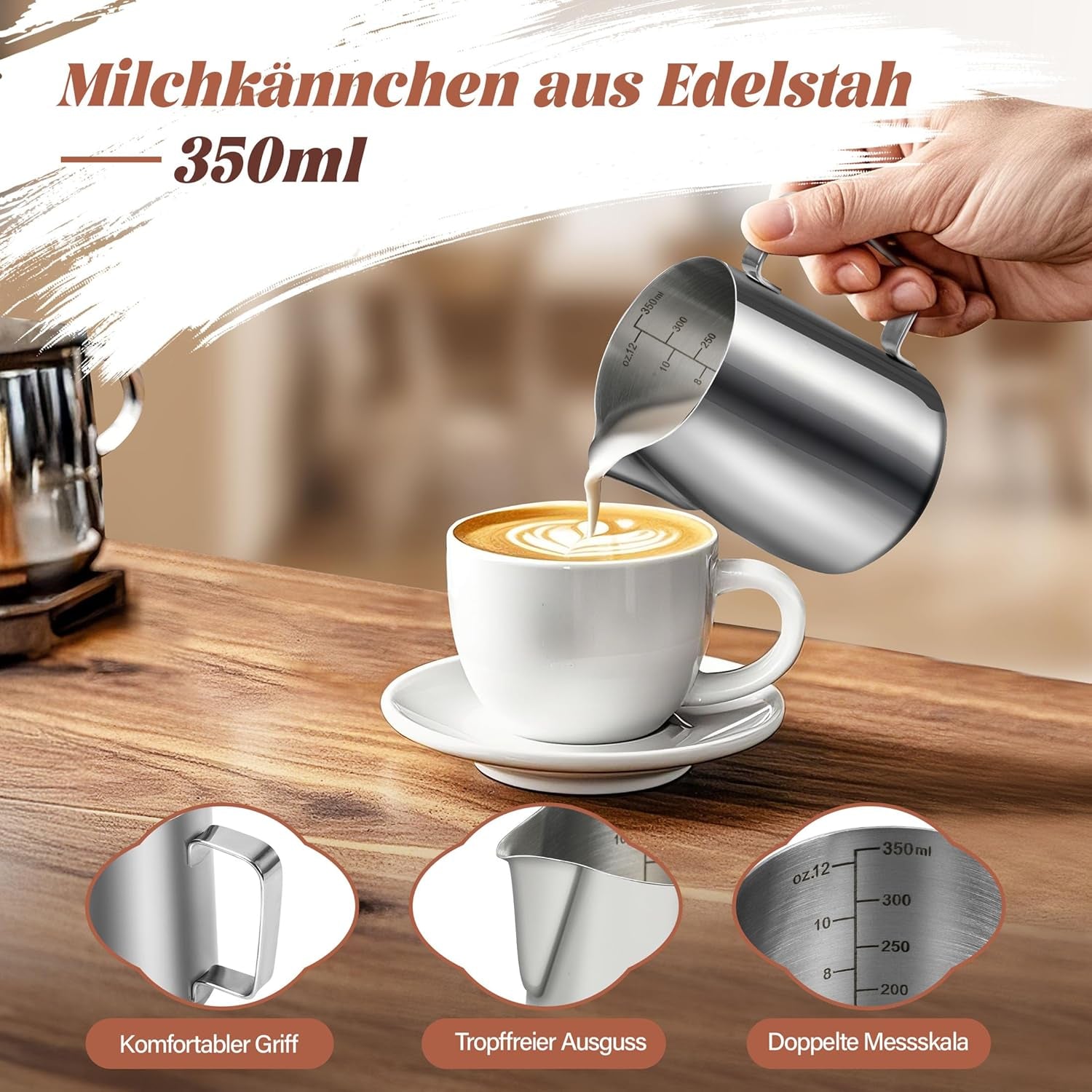 Mælkekrus, 350 ml Mælkekrus i rustfrit stål med målemærke, Barista-tilbehør, Mælkekrus til Cappuccino, Espresso, Latte Art, Kaffeelskere, Sølv, 355ml