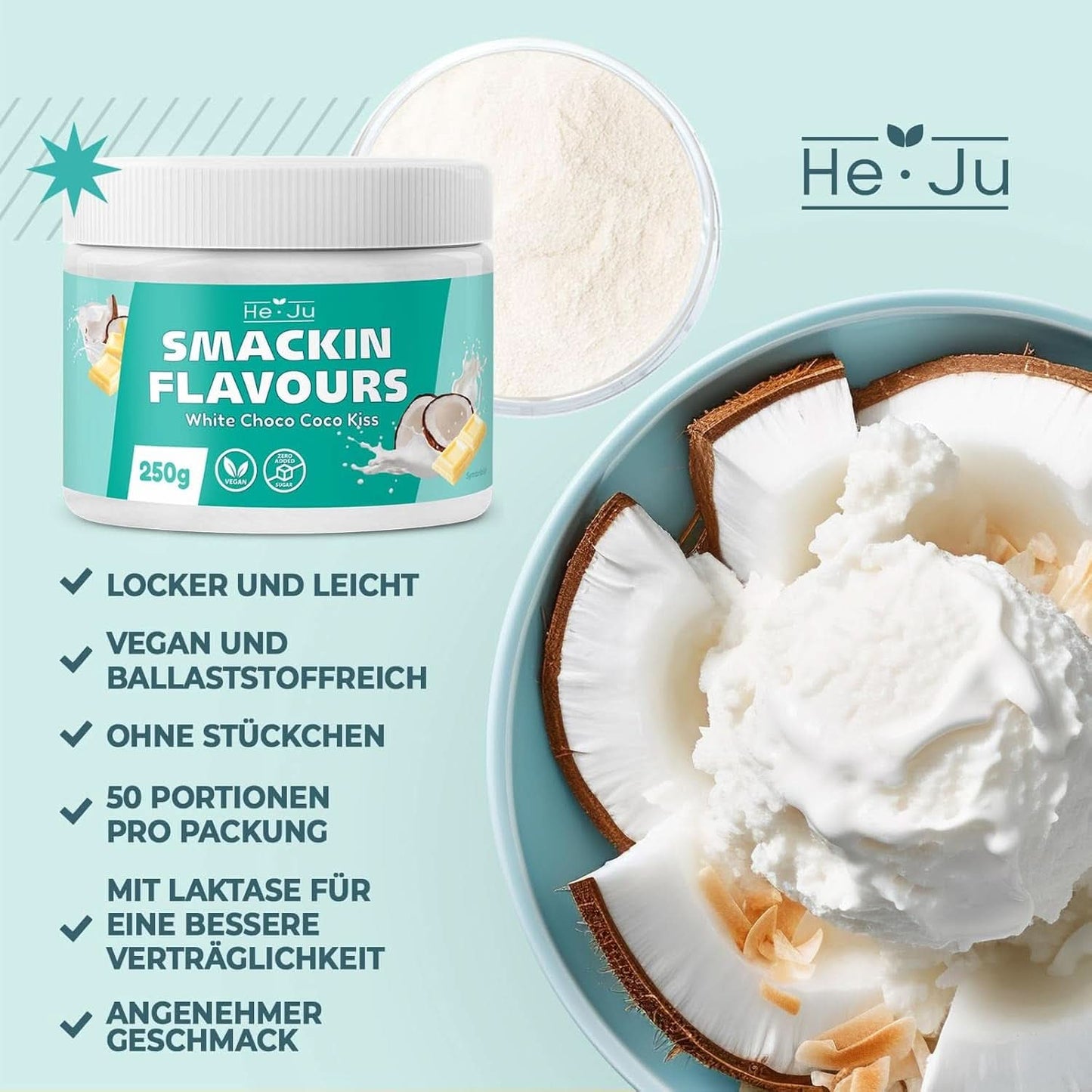 He-Ju, Pulver med hvid chokolade og kokossmag, 250 gram Aromas Naty Shop