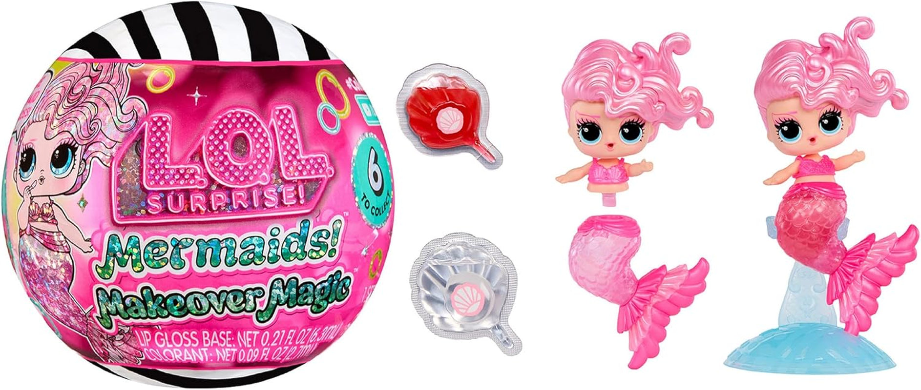LOL overraskelse! Mermaids Makeover Magic Tots - Ægte lipgloss for dig og din dukke at lave selv, blande og skabe makeup, Sjov vandleg, 6 dukker at samle - Alders 4+