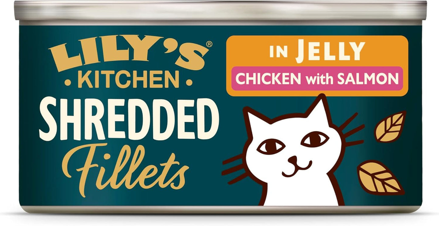 Lily's Kitchen Aus Naturichen Ingrediens hermestellung Zerkleinerte Filet in Gelee mit Hühnchen und Lachs Ausgewachsen Nassfutter für Katzen 70 g Dose