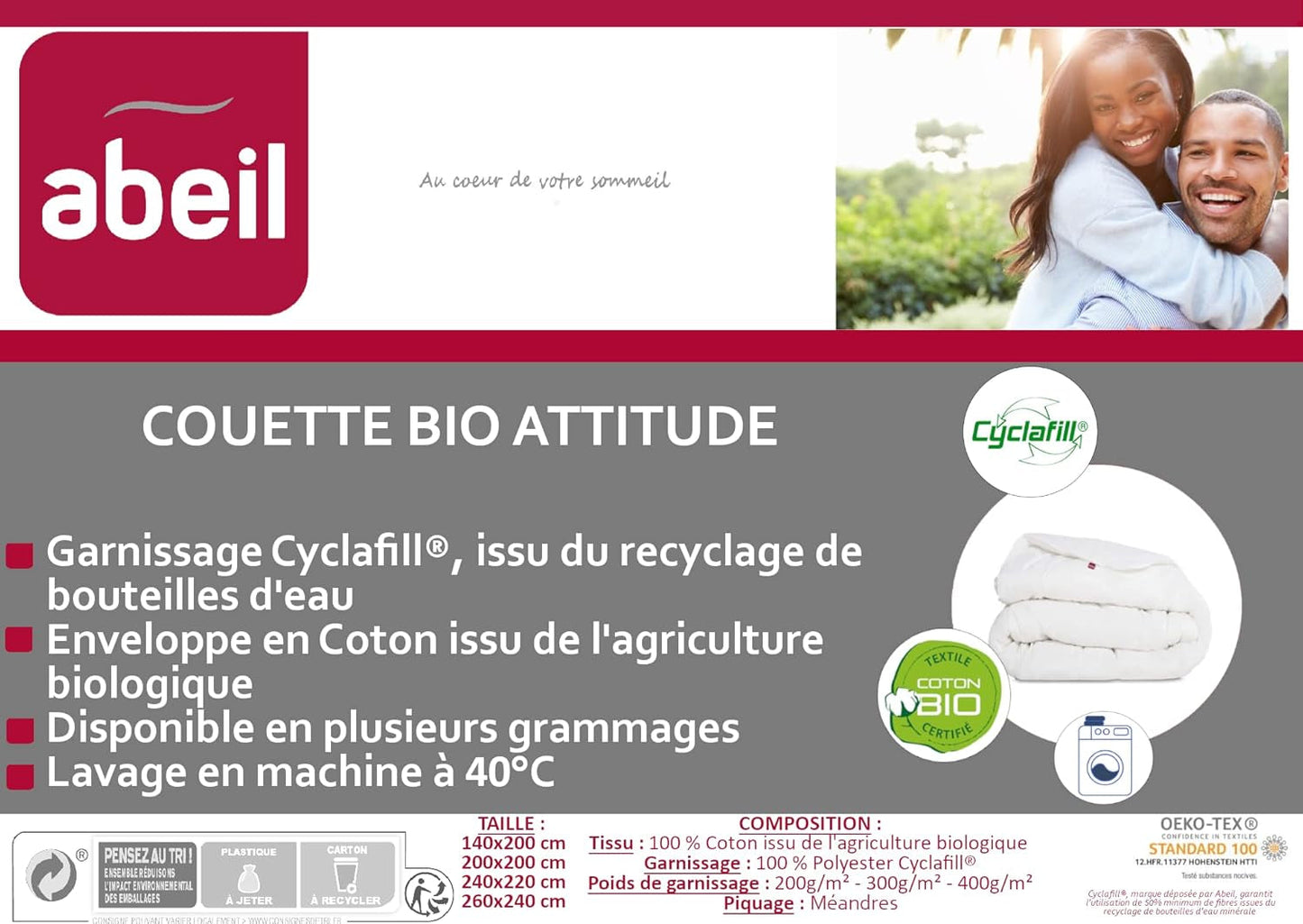 Abeil Bio' Attitude quilt, Letvægts, Økologisk bomuldsbetræk, Fyld: Polyester Cyclafill® 200 G/M², Maskinvaskbar, Oeko-Tex certificeret, 220 X 240 Cm Dyner og dyner Naty Shop