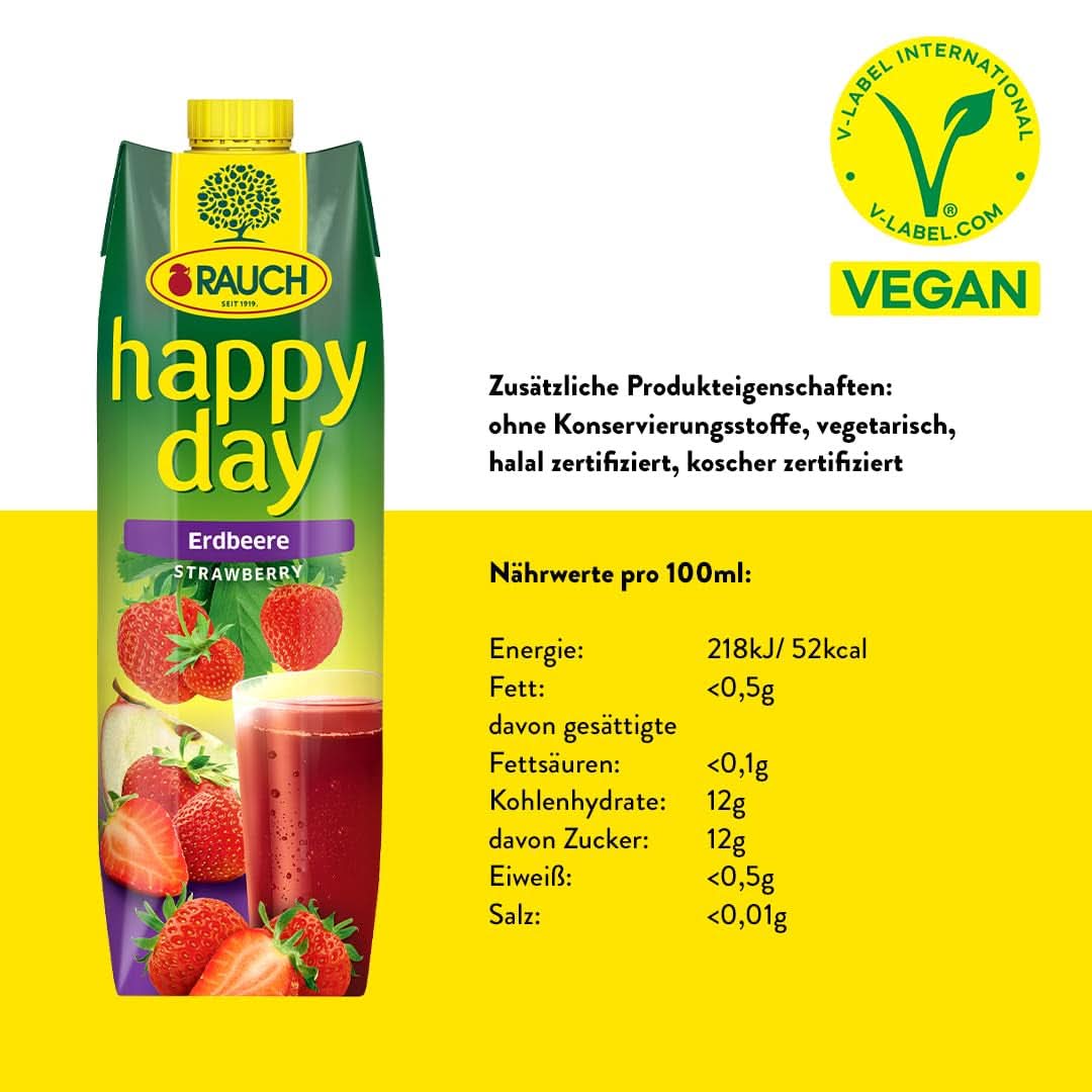 Rauch Happy Day Strawberry | Intens jordbærsmag | Raffineret med æbler og citron | 6X 1 liter, Tetra Prisma Alkoholfri drikkevarer Naty Shop