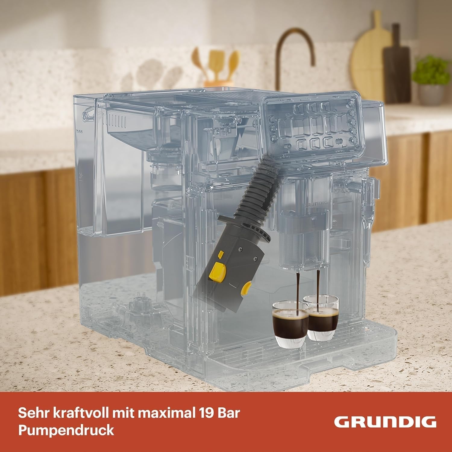 GRUNDIG KVA 6230 fuldautomatisk espressomaskine med mælkeskummer, rustfri stålkværn med 13 slibeindstillinger, bønnebeholder 250 g, aftagelig vandtank 2 liter, pumpetryk 19 bar, touchdisplay, sort