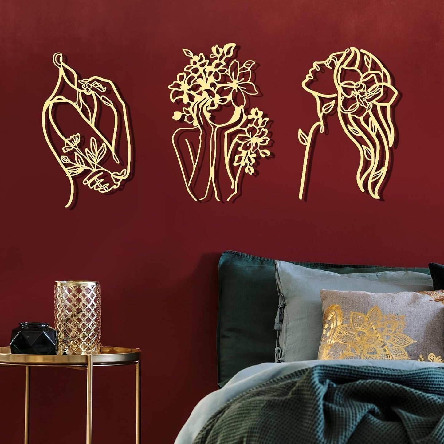 3 stykker Metal Minimalistisk Kvinde Væg Art Deco Moderne Metal Abstrakt Kvinde Vægkunst Kvinde Enkeltlinjetegninger til at hænge til stuen (sort, moderne) Statuetter og skulpturer Naty Shop Guld Elegant