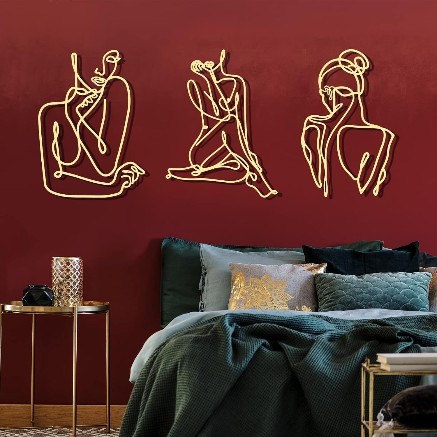3 stykker Metal Minimalistisk Kvinde Væg Art Deco Moderne Metal Abstrakt Kvinde Vægkunst Kvinde Enkeltlinjetegninger til at hænge til stuen (sort, moderne) Statuetter og skulpturer Naty Shop Guld 35L X 25B Cm