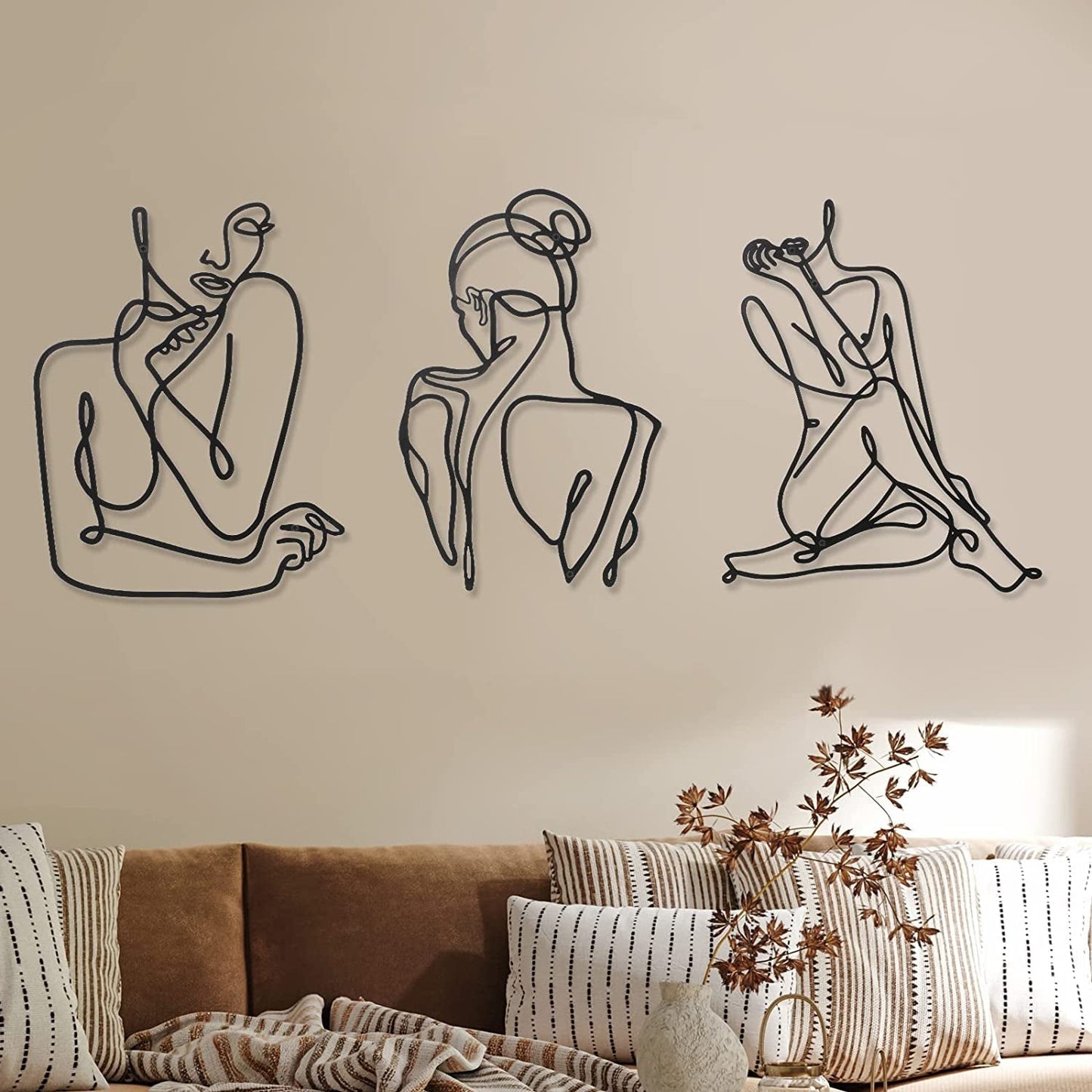 3 stykker Metal Minimalistisk Kvinde Væg Art Deco Moderne Metal Abstrakt Kvinde Vægkunst Kvinde Enkeltlinjetegninger til at hænge til stuen (sort, moderne) Statuetter og skulpturer Naty Shop Sort Moderne