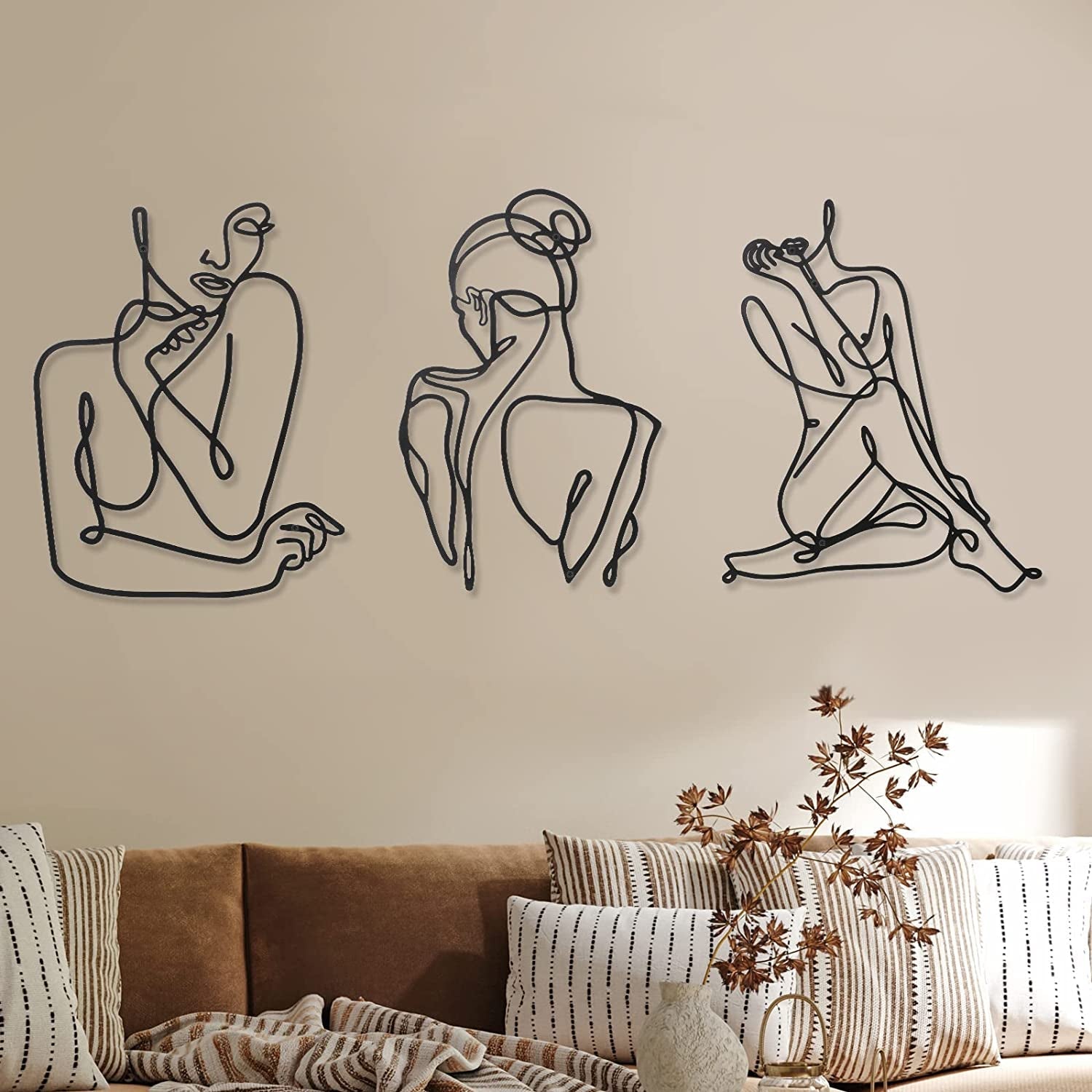 3 stykker Metal Minimalistisk Kvinde Væg Art Deco Moderne Metal Abstrakt Kvinde Vægkunst Kvinde Enkeltlinjetegninger til at hænge til stuen (sort, moderne) Statuetter og skulpturer Naty Shop Sort Moderne