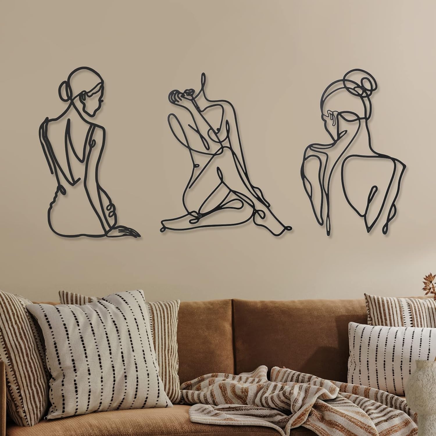 3 stykker Metal Minimalistisk Kvinde Væg Art Deco Moderne Metal Abstrakt Kvinde Vægkunst Kvinde Enkeltlinjetegninger til at hænge til stuen (sort, moderne) Statuetter og skulpturer Naty Shop Sort 35L X 29B Cm