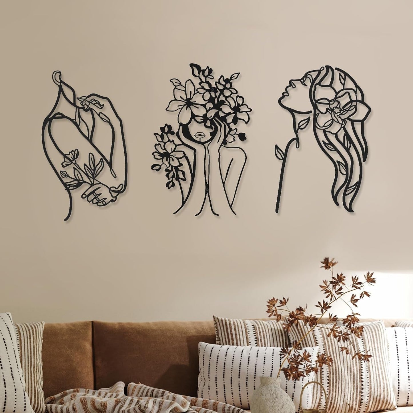 3 stykker Metal Minimalistisk Kvinde Væg Art Deco Moderne Metal Abstrakt Kvinde Vægkunst Kvinde Enkeltlinjetegninger til at hænge til stuen (sort, moderne) Statuetter og skulpturer Naty Shop Elegant 35L X 25B Cm