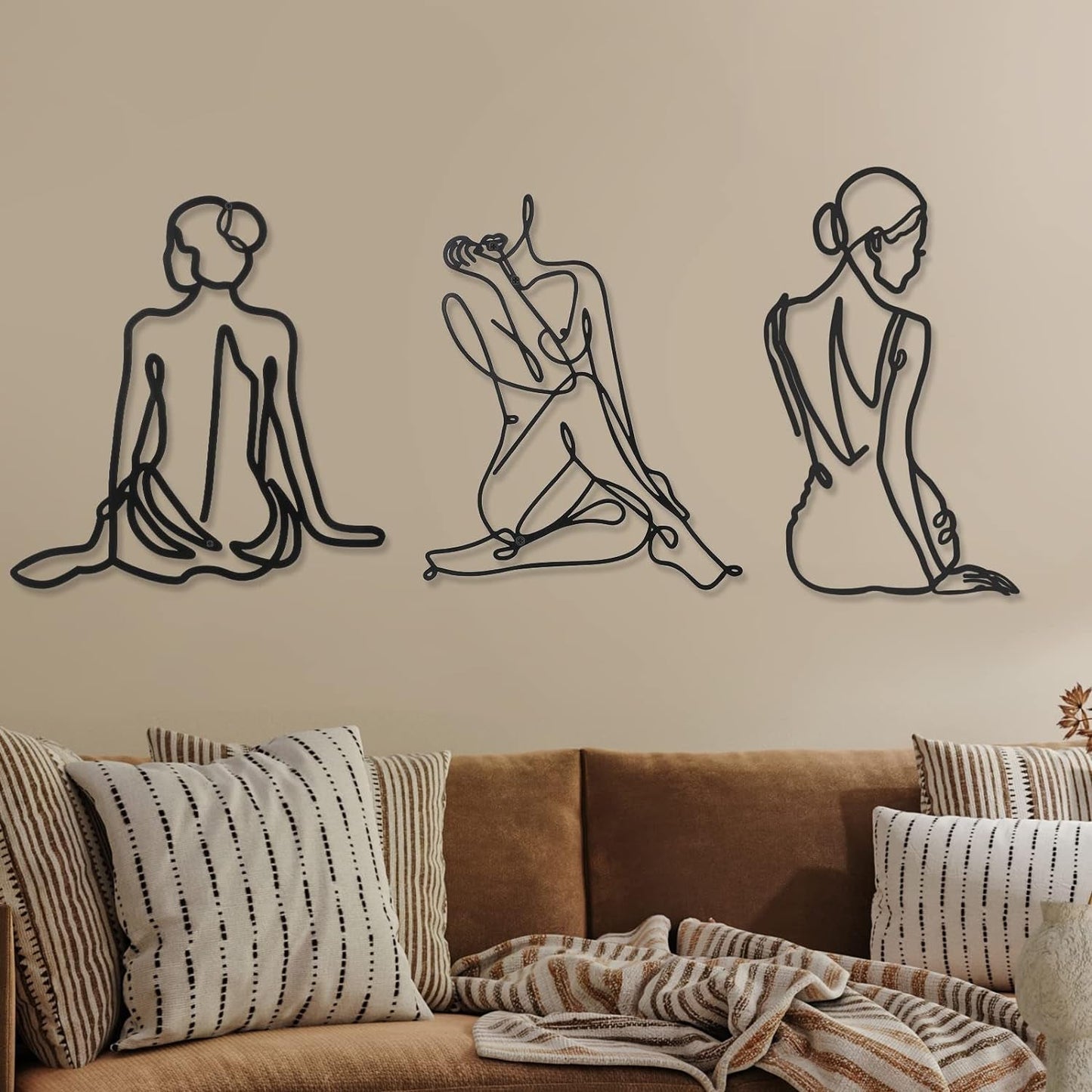 3 stykker Metal Minimalistisk Kvinde Væg Art Deco Moderne Metal Abstrakt Kvinde Vægkunst Kvinde Enkelt linje stregtegninger til at hænge til stuen (sort, moderne) Statuetter og skulpturer Naty Shop Sort Vintage