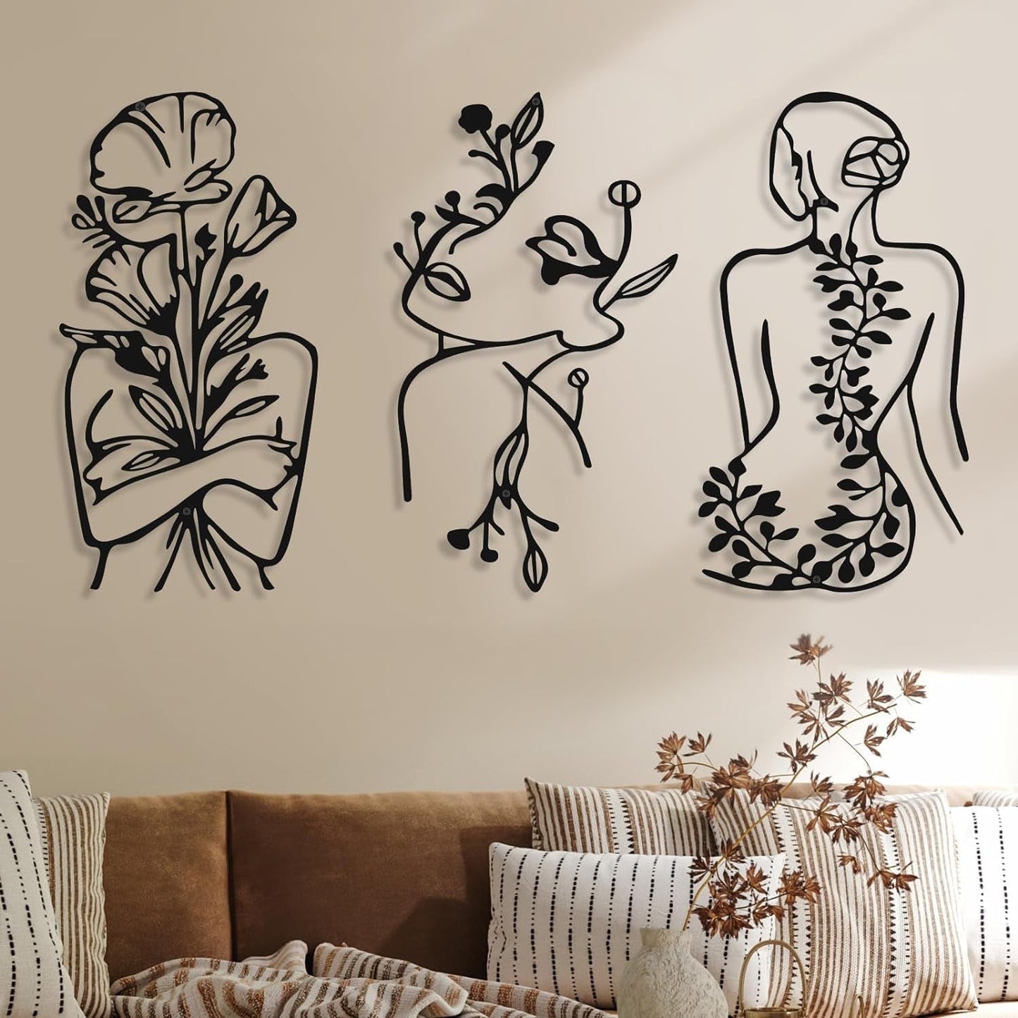 3 stykker Metal Minimalistisk Kvinde Væg Art Deco Moderne Metal Abstrakt Kvinde Vægkunst Kvinde Enkeltlinjetegninger til at hænge til stuen (sort, moderne) Statuetter og skulpturer Naty Shop Black Plant