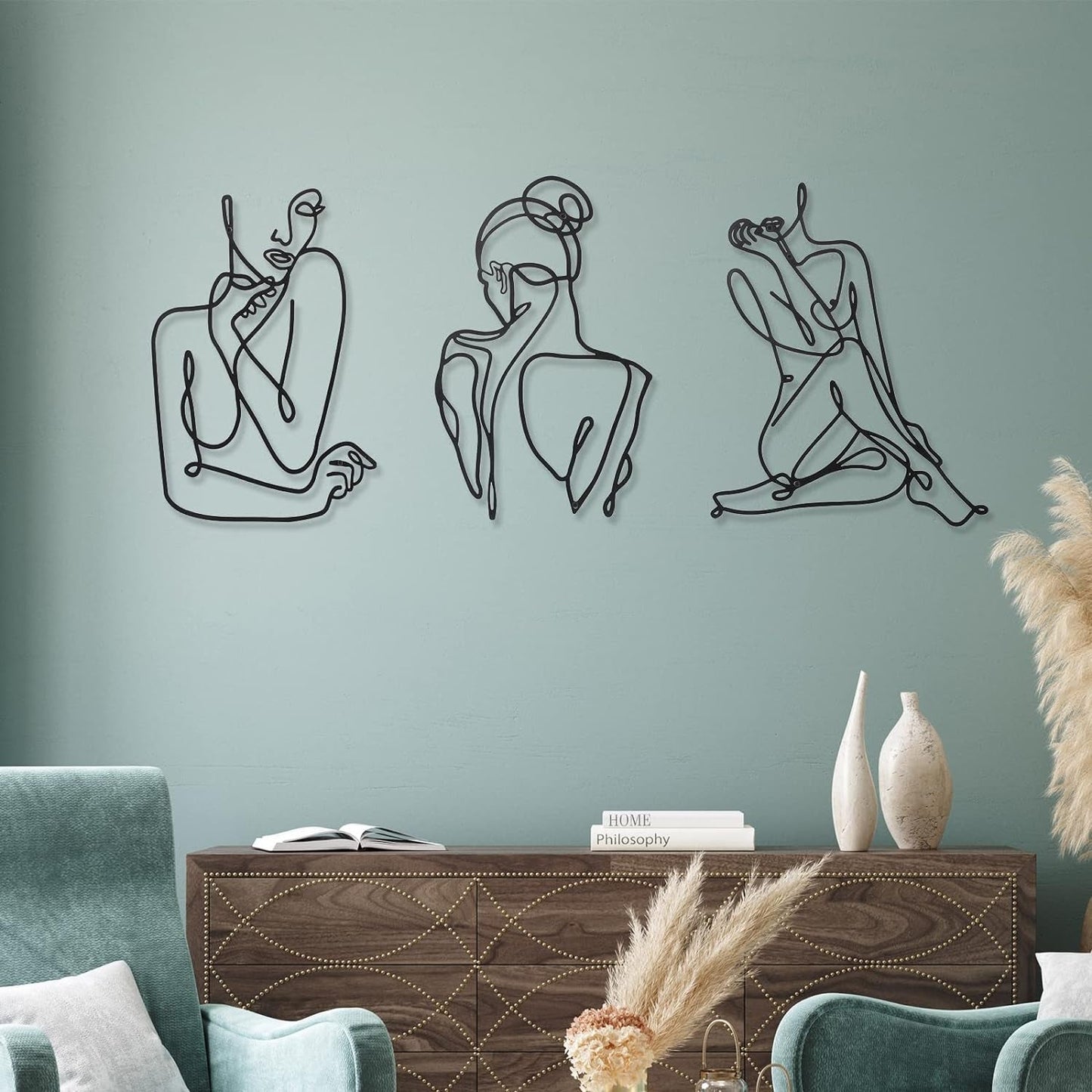 3 stykker Metal Minimalistisk Kvinde Væg Art Deco Moderne Metal Abstrakt Kvinde Vægkunst Kvinde Enkeltlinjetegninger til at hænge til stuen (sort, moderne) Statuetter og skulpturer Naty Shop