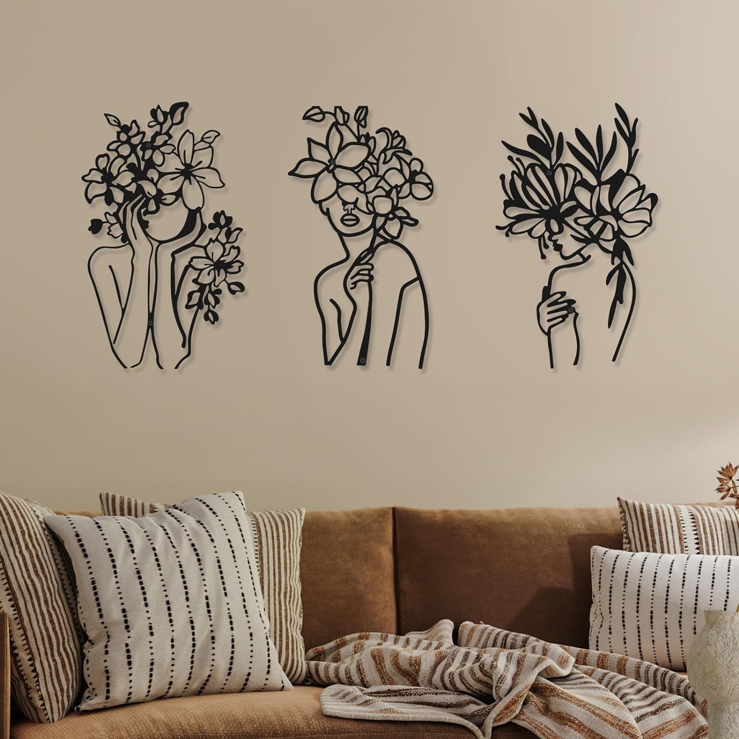 3 stykker Metal Minimalistisk Kvinde Væg Art Deco Moderne Metal Abstrakt Kvinde Vægkunst Kvinde Enkeltlinjetegninger til at hænge til stuen (sort, moderne) Statuetter og skulpturer Naty Shop Vivid Black