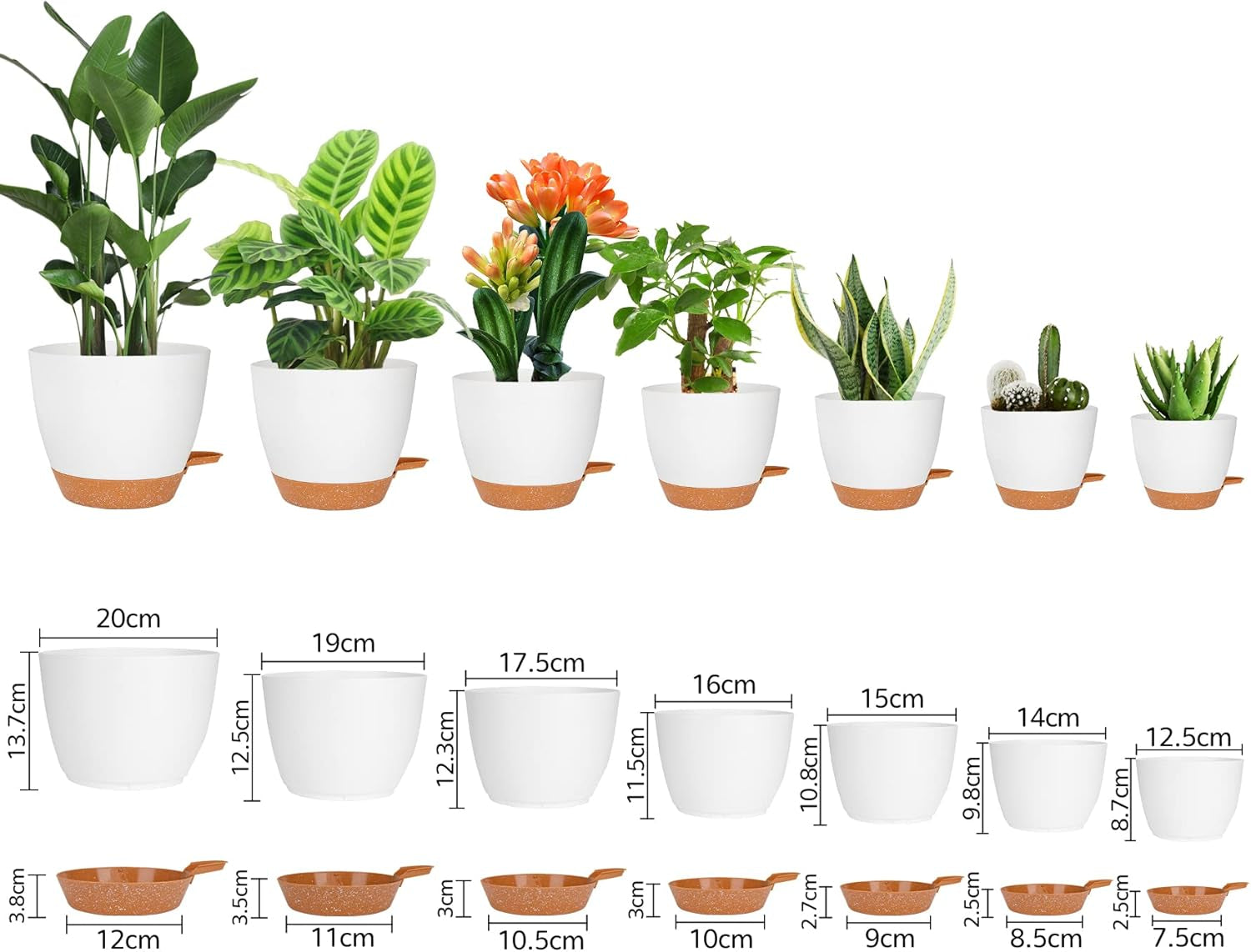 CSYY urtepotter Sæt med 7 plastik urtepotter med vandingssystem 20,3/19/17,7/16,5/15,2/14/12,7 cm Selvvandende potter og underkop indendørs udendørs