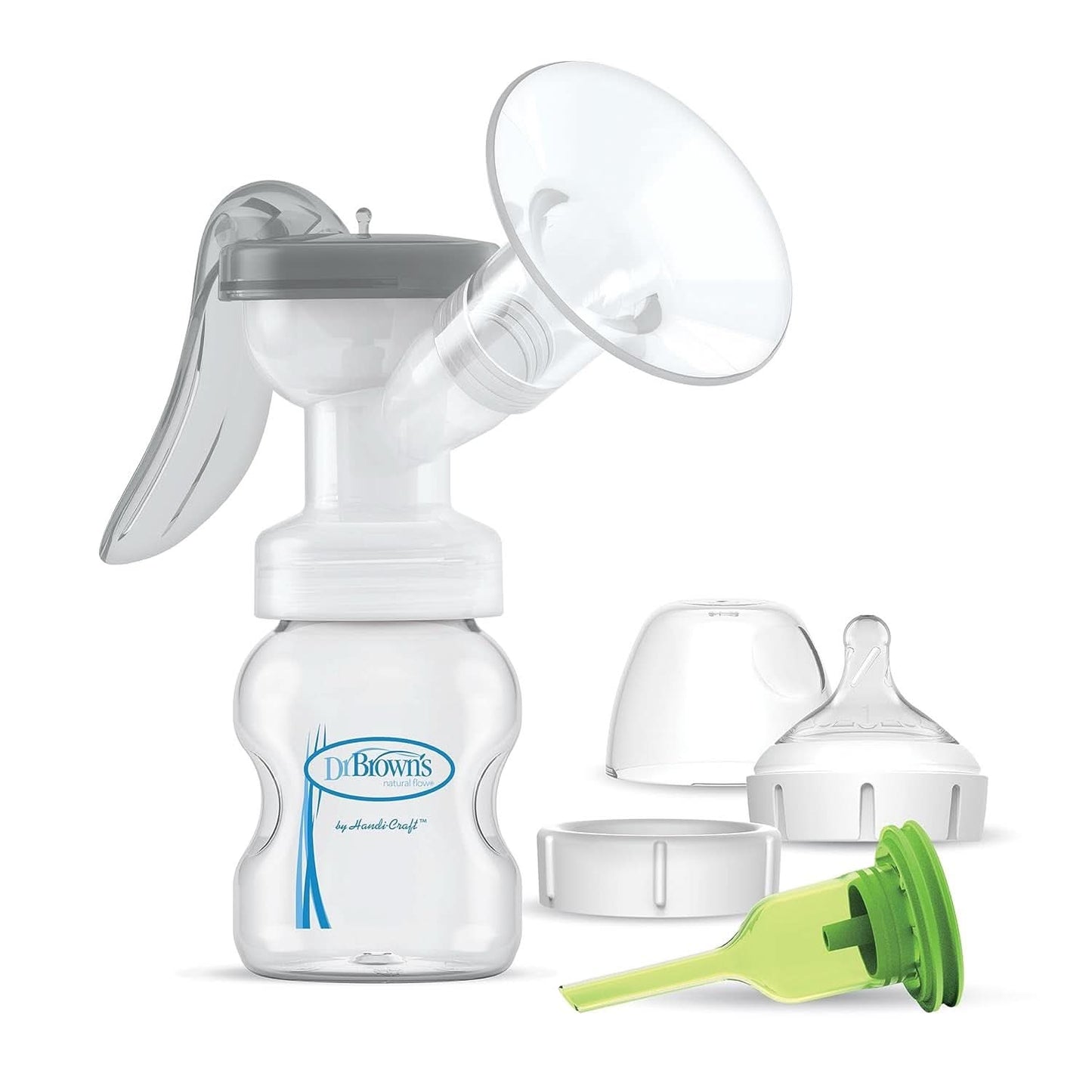 Manuel brystpumpe med 100 % silikone Softshape beskyttelse (B, 25 mm flange) og anti-kolik muligheder + 150 ml bred mund flaske med niveau 1 slow flow patte Tilbehør Mad og amning Bebe Naty Shop