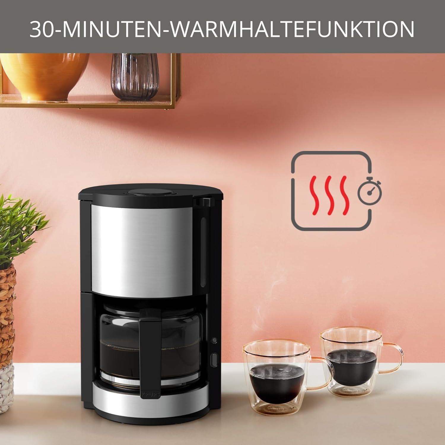 Krups KM3210 Pro Aroma Plus Espressomaskine, 10 kopper, 1,25 L, Hold varm i 30 minutter, Synligt vandstandsvindue, Anti-drypsystem, Sort med anvendelser i rustfrit stål