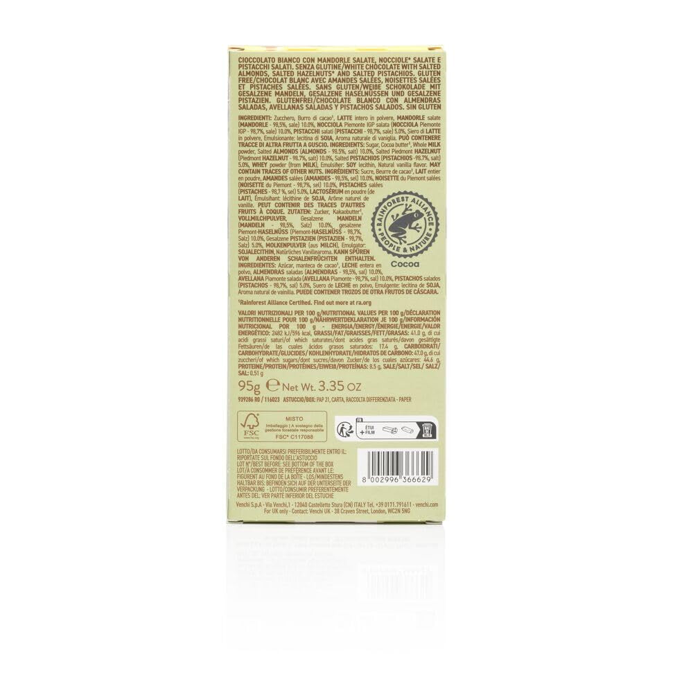 Venchi - Saltet hasselnøddebar, saltede hasselnødder, mandler og pistacienødder, 95 g, med "Piemonte-hasselnødder", glutenfri, ingen kunstige farver og ingen konserveringsmidler