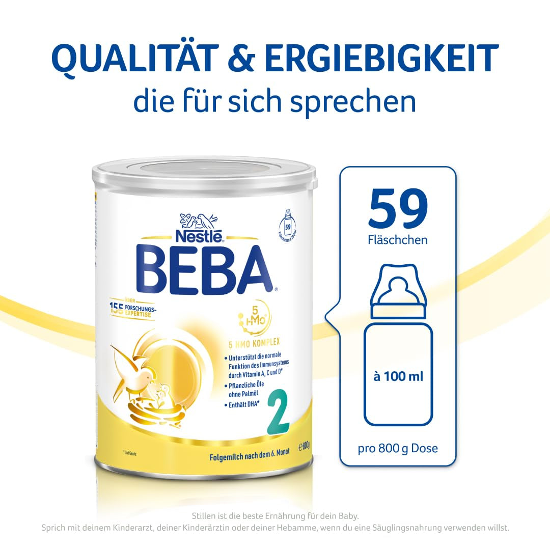 BEBA 2 - Tilskudsmælk efter 6 måneder, med 5 HMO-komplekser, alderssvarende proteinindhold, laktosefri, palmeoliefri, fiskeoliefri, babymad, babymælkpulver, 3 stk. (3 x 800 g)