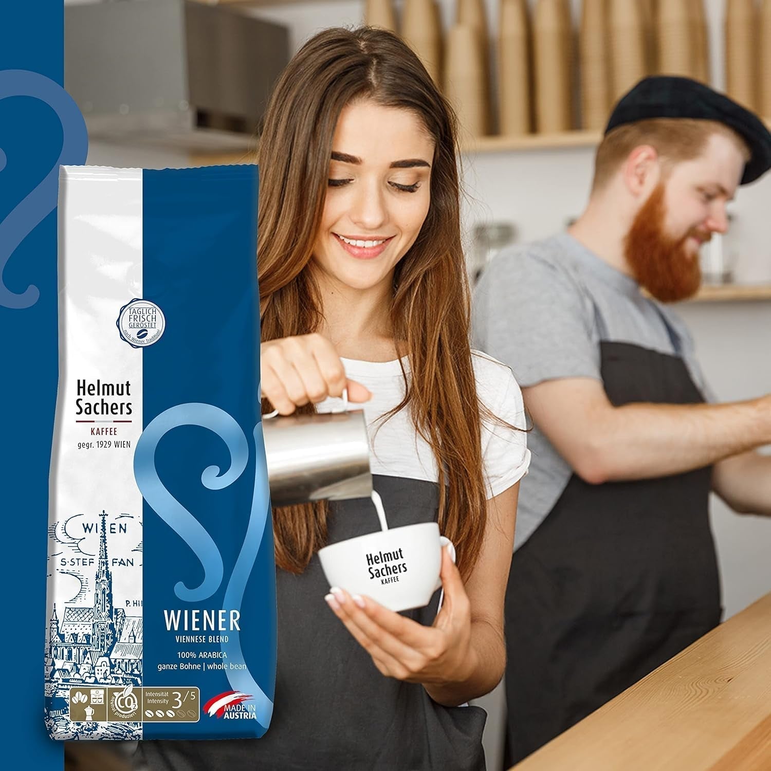 Helmut Sachers Kaffee - Wienerblanding, styrke 3/5, 100 % Arabica, hele kaffebønner, 6 X 500 G Naty Shop