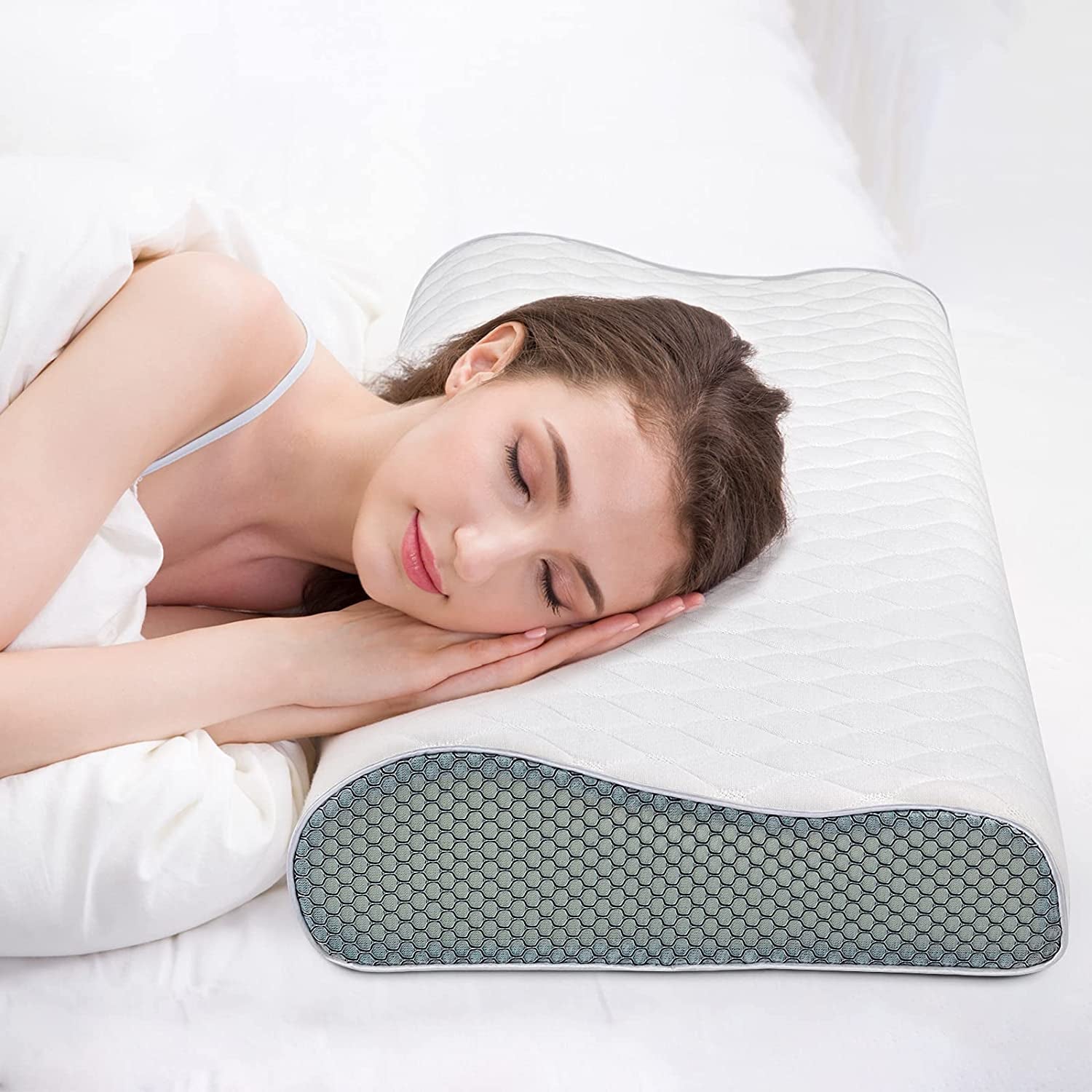 Fityou Memory Foam Pude, Nakkestøttepude, Ergonomisk Sovepude, Kølepude, Dobbeltsidet Design, Vaskbart pudebetræk (67,5X40X13Cm) Cervikale ortopædiske puder Naty Shop White + 3D Mesh 60X35X9/11Cm