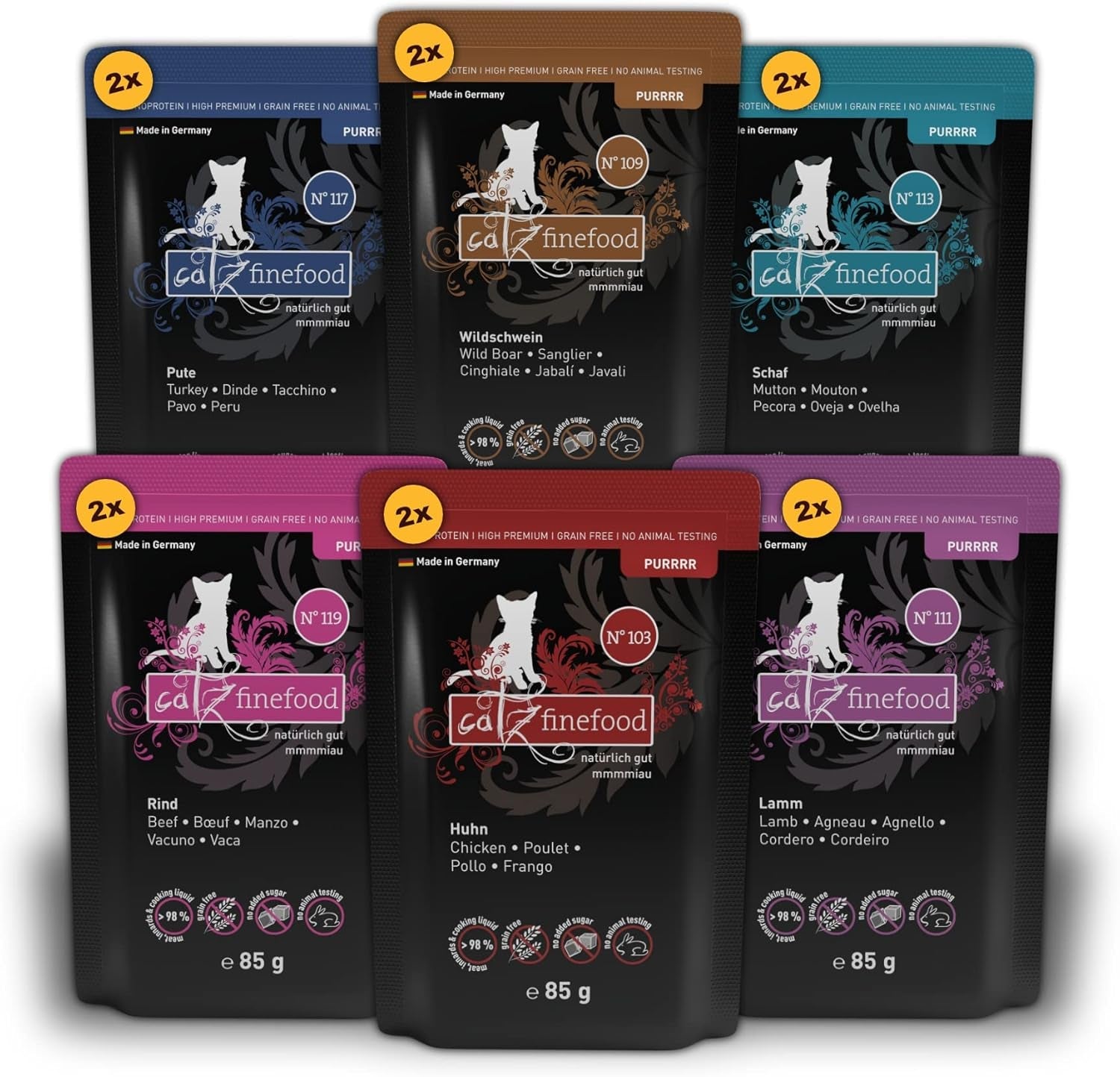 Catz Finefood Purrrr Collection I - Monoprotein våd kattefoder - Kornfri, Sukkerfri, Hypoallergen - Højt kødindhold - Multipak våd kattefoder - i poser, 85 g (12 pakker)