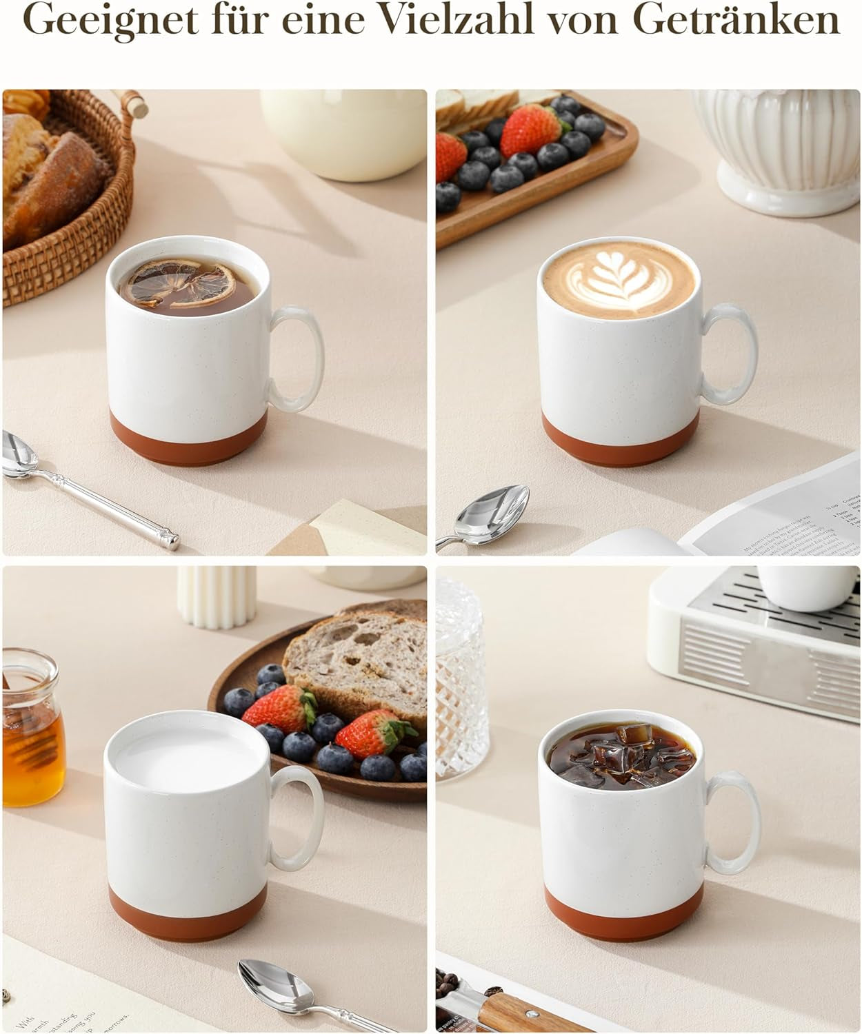 MALACASA kaffekrussæt, 350 ml krussæt i stentøj til 4 personer, moderne kaffekrus til te, juice, latte, cappuccino, varm chokolade. Tåler opvaskemaskine og mikroovn, TARA-serien, khaki hvid