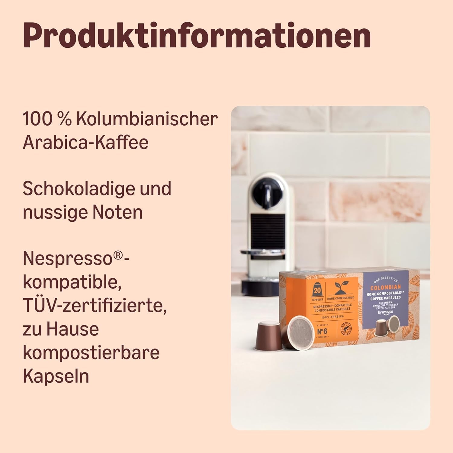By Amazon Heimkomposterbare Kaffeekapseln, kompatibel med Nespresso, 100 % kolumbianischer Arabica, 20 Stück – Rainforest Alliance-zertifiziert