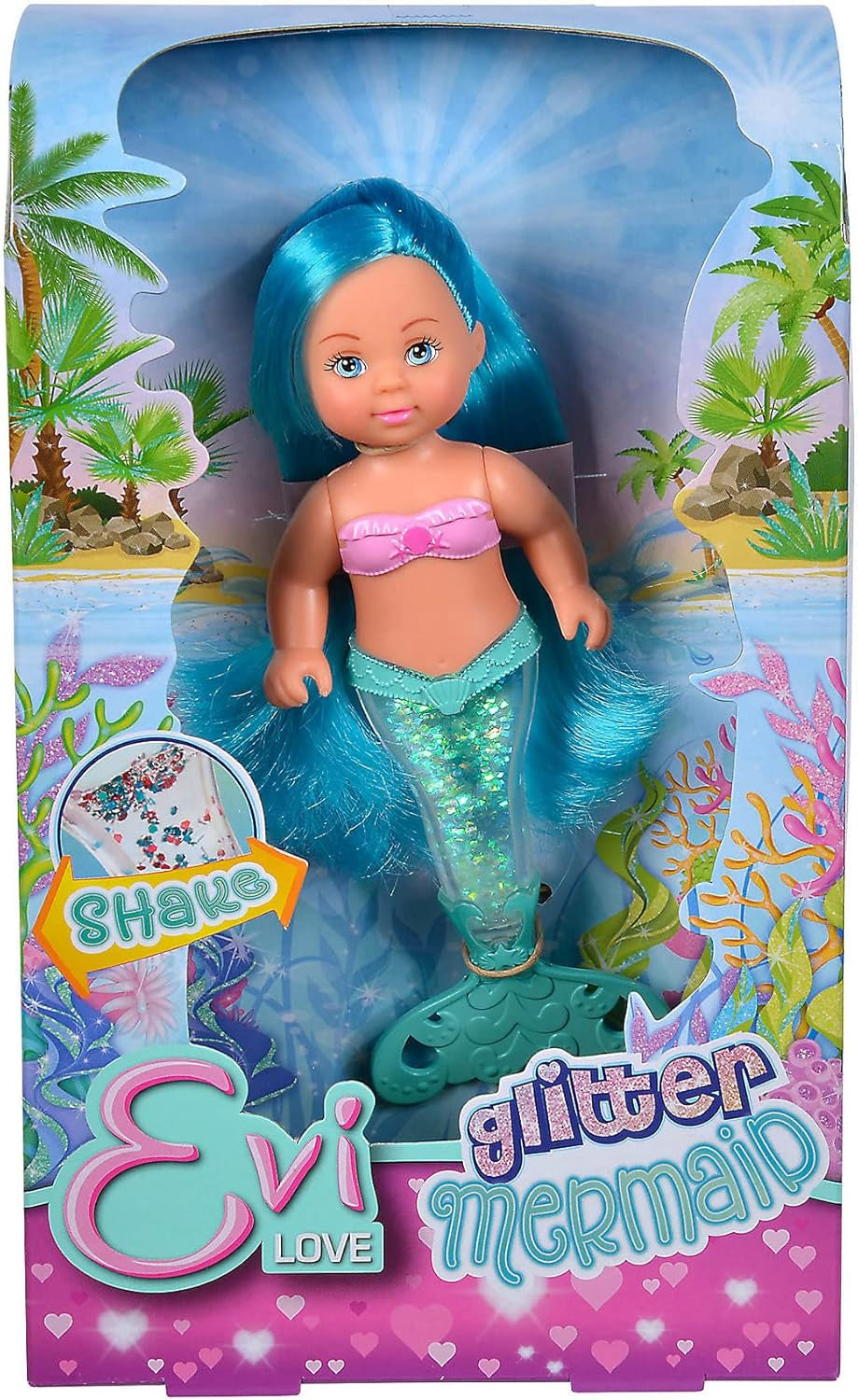 Simba 105733482 - Evi Love Glitter Mermaid, havfruedukke med en halefinne, der lyser, når den rystes. Der leveres kun EN vare.