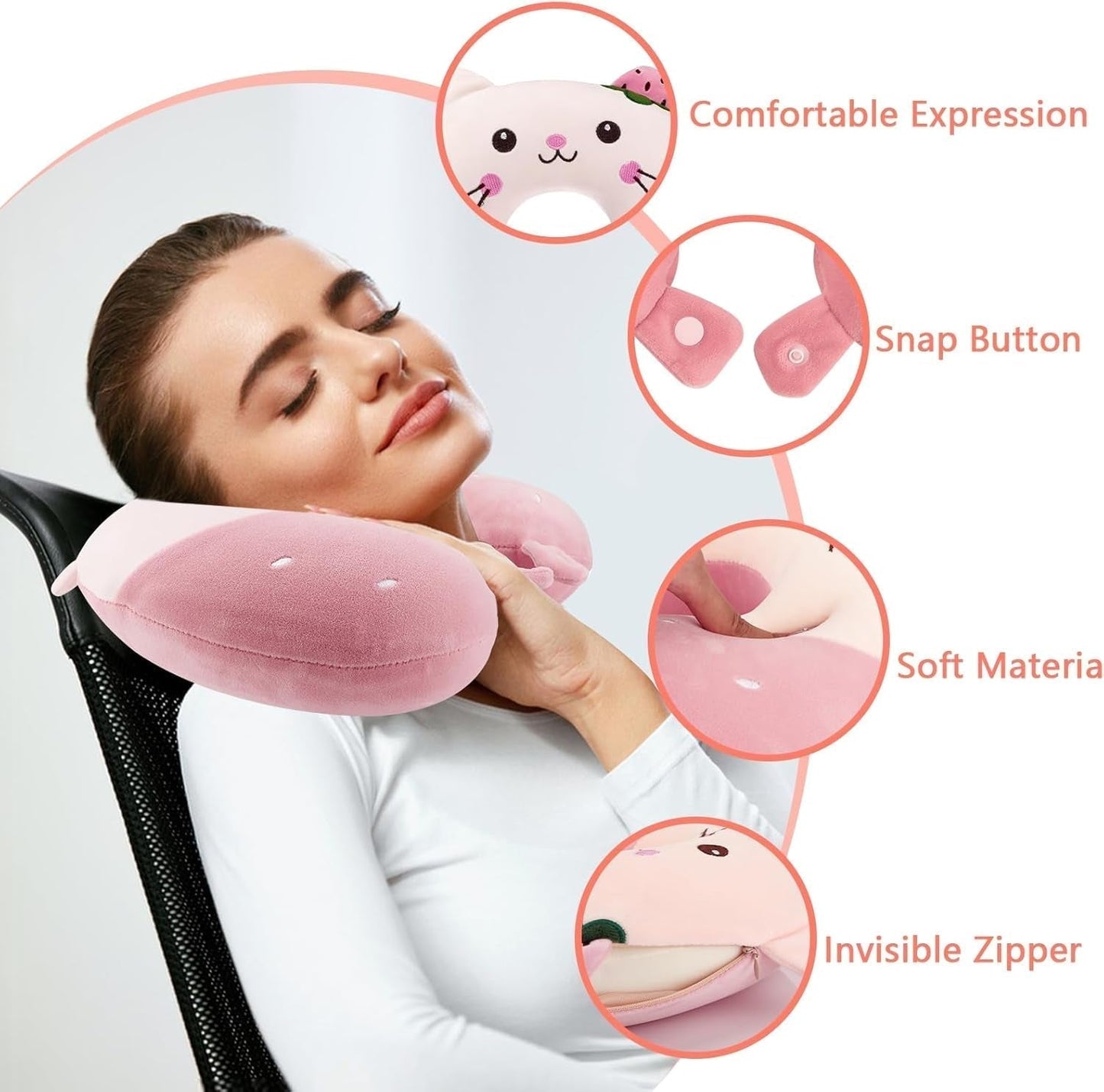 Litimkat Børne Nakkepude Bærbar Nakkepudeï¼ŒRejsepudeï¼Œ U-form Memory Foam Pude Rejse Fly Bil Tog Kontor Hjem Sødt Dyremønster Pudebetræk Aftageligt (Pink) Cervikale ortopædiske puder Naty Shop