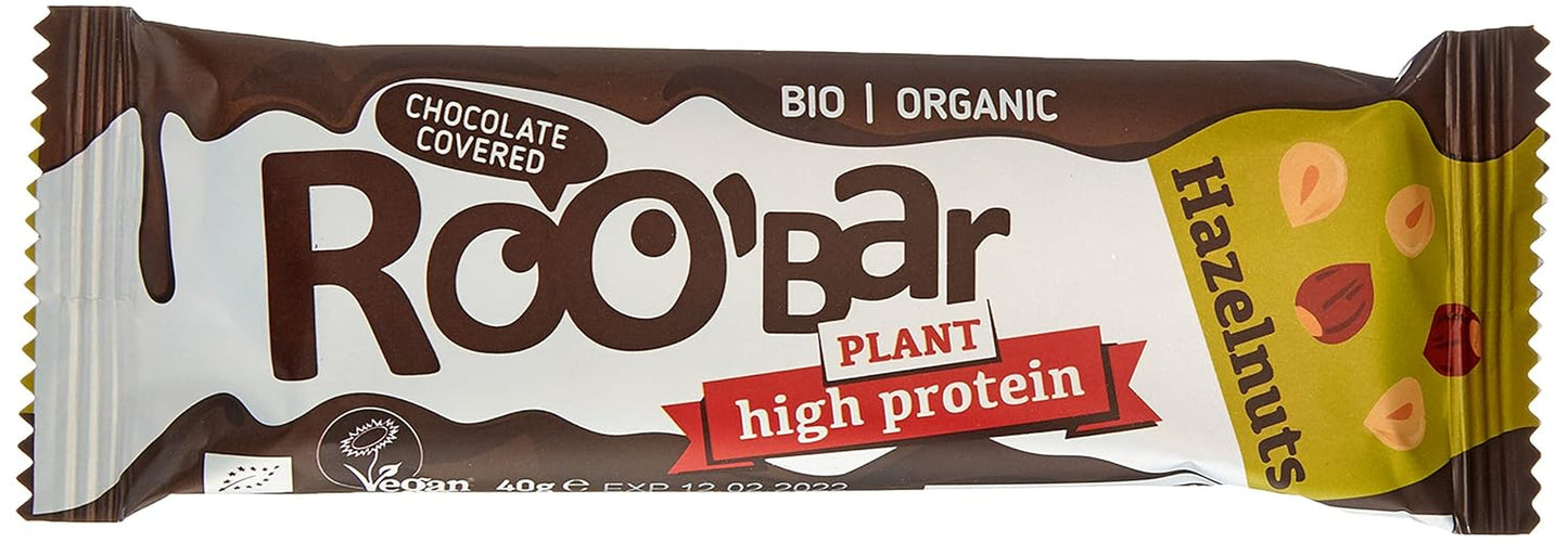 Højproteinchokoladeglaserede hasselnøddebarer - 100 % økologiske, veganske, frugtbarer, mælkefri, glutenfri, raffineret sukkerfri - 16 barer x 40 g