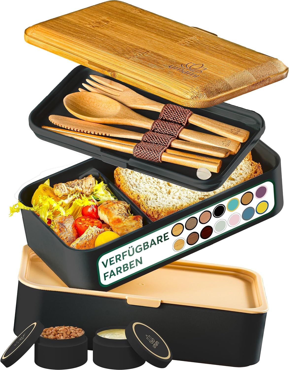Umami madpakke til voksne, stabelbar Bento-boks med 4 bestik og rum, madpakke til voksne, to-go salatbeholder, Picnic/kontor madpakke, koksgrå, 1500 ml Naty Shop Madopbevaringsbokse Sort Tan L - 1200 ml