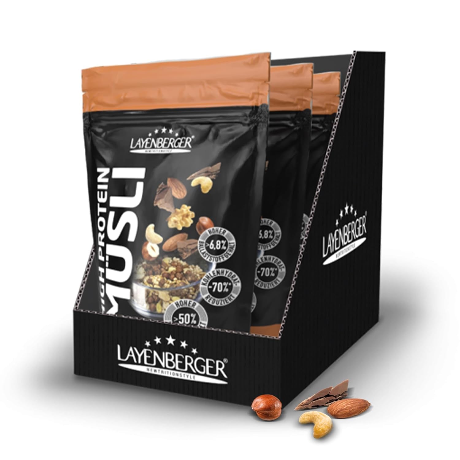 Layenberger 3K højproteinmüsli, 50% Eiweiß og 18% Kohlenhydrat - Enkeltpakke (1X 390 G) - Schoko-Nuss Cereale Naty Shop 1,17 Kg (1Er Pakke) Schoko-Nuss