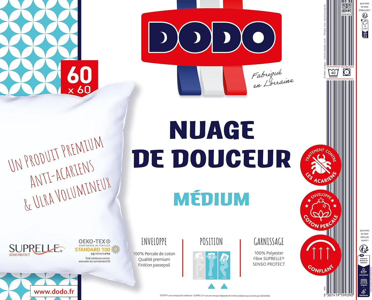 DODO Premium Pude, 60 X 60 Cm, Medium Comfort, Cloud De Douceur Pude | Midesikker og fluffy | Percale Cotton + Piping Kan maskinvaskes ved 40 °C Naty Shop standard puder