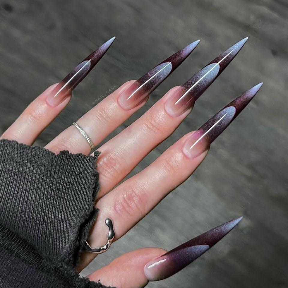 Moonglow Lange Negle Stiletto Mælkehvid Pink Gradient Glitter Cool falske negle med lim Pink Ombre Glitter Kunstige negle