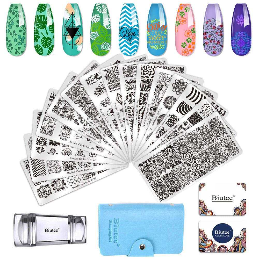 Biutee Nail Stamper 30 stykker Nail Stamp Sæt Negle Template Nail Stamping Dyr Blomster Billeder Nail Stamping Plade med 2 Stempler 2 Skrabere Negle Design Accessories Fransk Nail Stamp