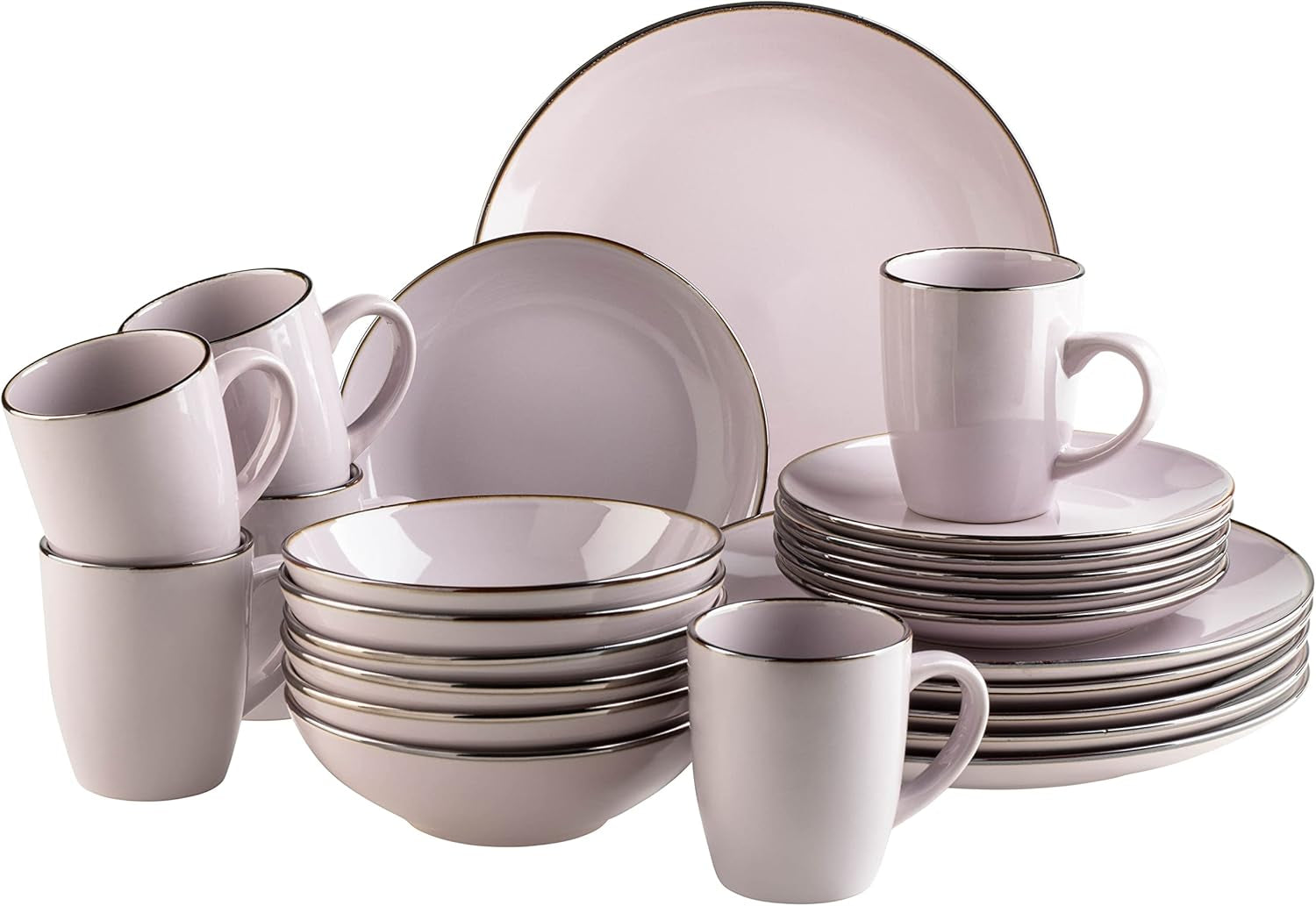 Moderne 6-personers porcelænssæt med messingkant, 24-delt kopformet kombinationsservice uden kant, lavendel