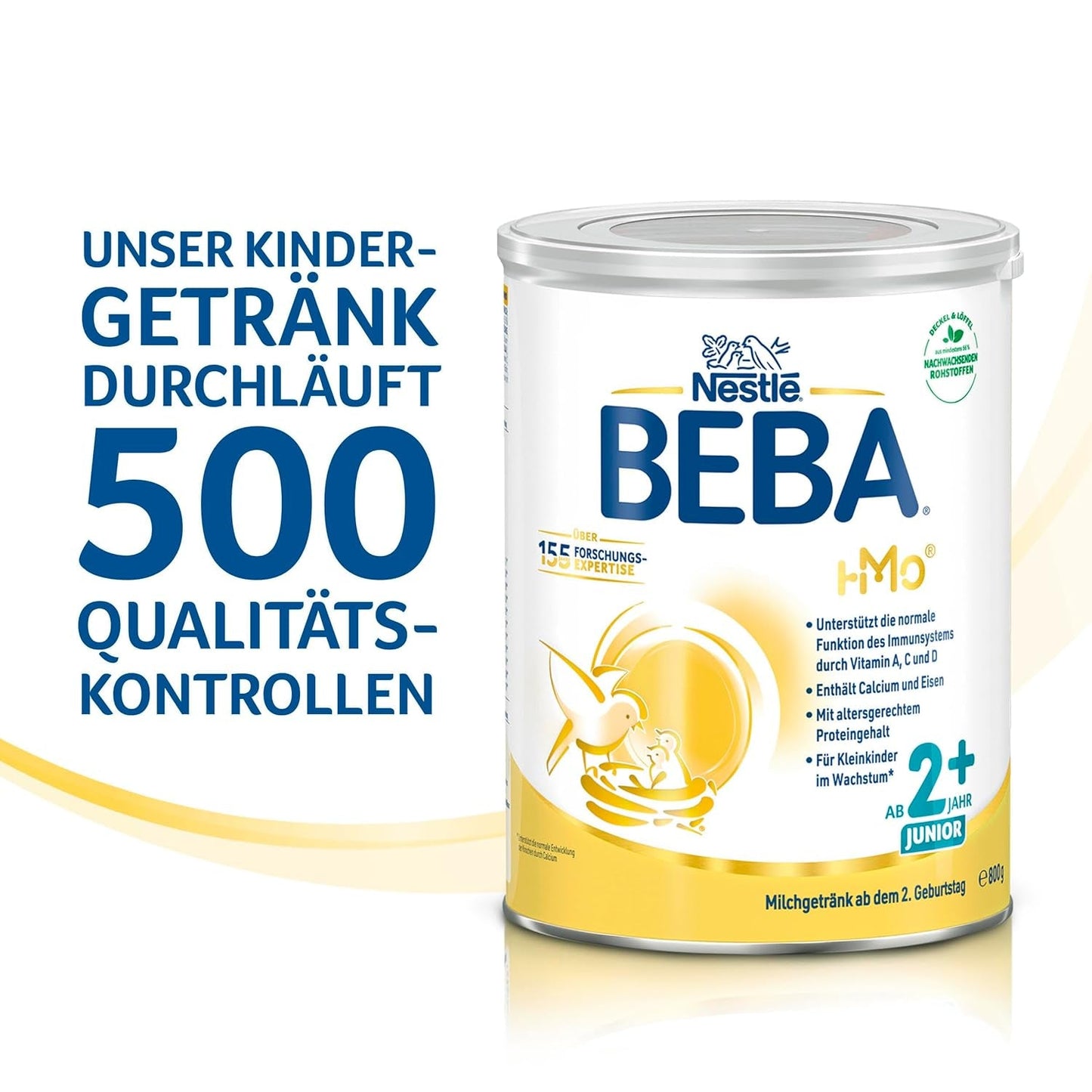BEBA Junior 2+ mælkedrik fra 2 år, med HMO, alderssvarende proteinindhold, kun laktose, ingen palmeolie, ingen fiskeolie, småbørnsmad, babymælkpulver, pakke med 6 (6 x 800 g)