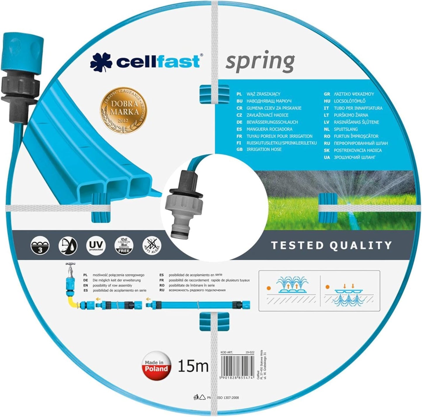 Cellfast SPRING kunstvandingsslange, trekanals kunstvandingsslange med fulde konnektorer, lavet af højkvalitetstråd, UV-bestandig, 15m, 1/2 tomme, 19-022, flerfarvet, 38x38x8cm