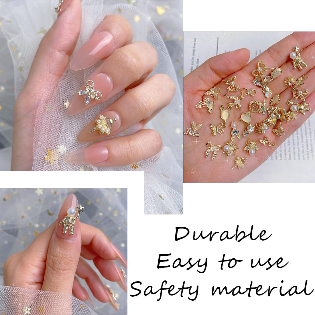 50 Stück Gold Nail Charms, 3D Shiny Nail Art Charms, Glitzersteine ​​Nägel Perle Legierung Nagel, Schmetterling Strasssteine ​​Nägel Charms, DIY Nail Art Zubehör, Für Mädchen Frauen