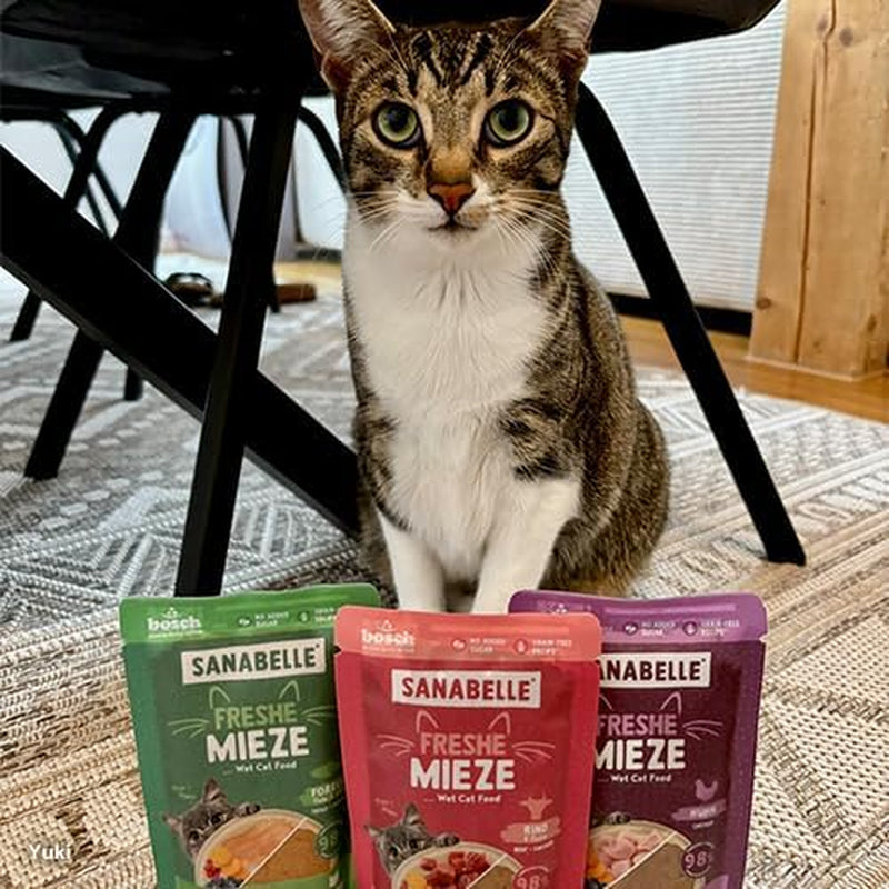 Sanabelle Freshe Mieze - Mixtray | 10 x 100g Mixpack | 4 lækre varianter af kattefoder at prøve | Dampet våd kattefoder, ligesom friskkogt