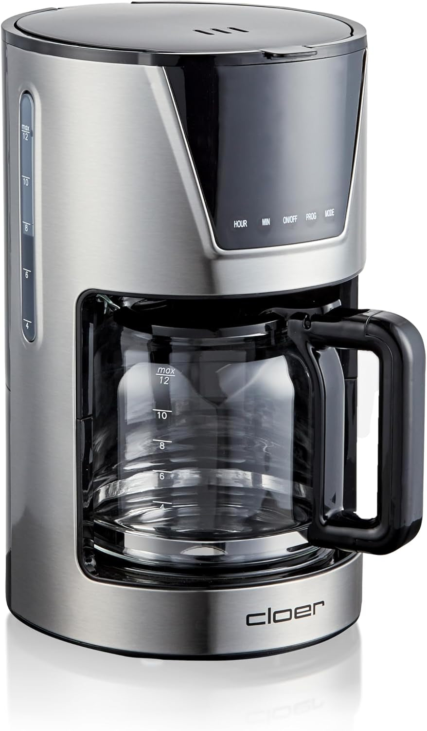 Cloer 6-kops filter espressomaskine, skånsom holde varm funktion, glaskaraffel, måleske, vandstandsindikator, anti-dryp system, automatisk sluk, filterstørrelse 1x2, 550W, rustfrit stål