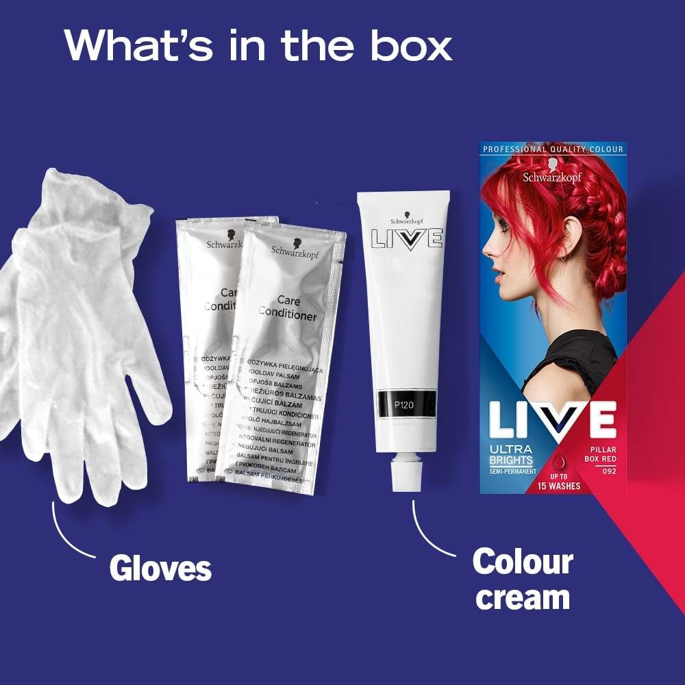 Live Ultra Bright eller Pastel rødt hårfarve 3 stykker semi-permanent farve Holder op til 15 vaske - 092 Pillar Box Red Naty Shop hårfarve