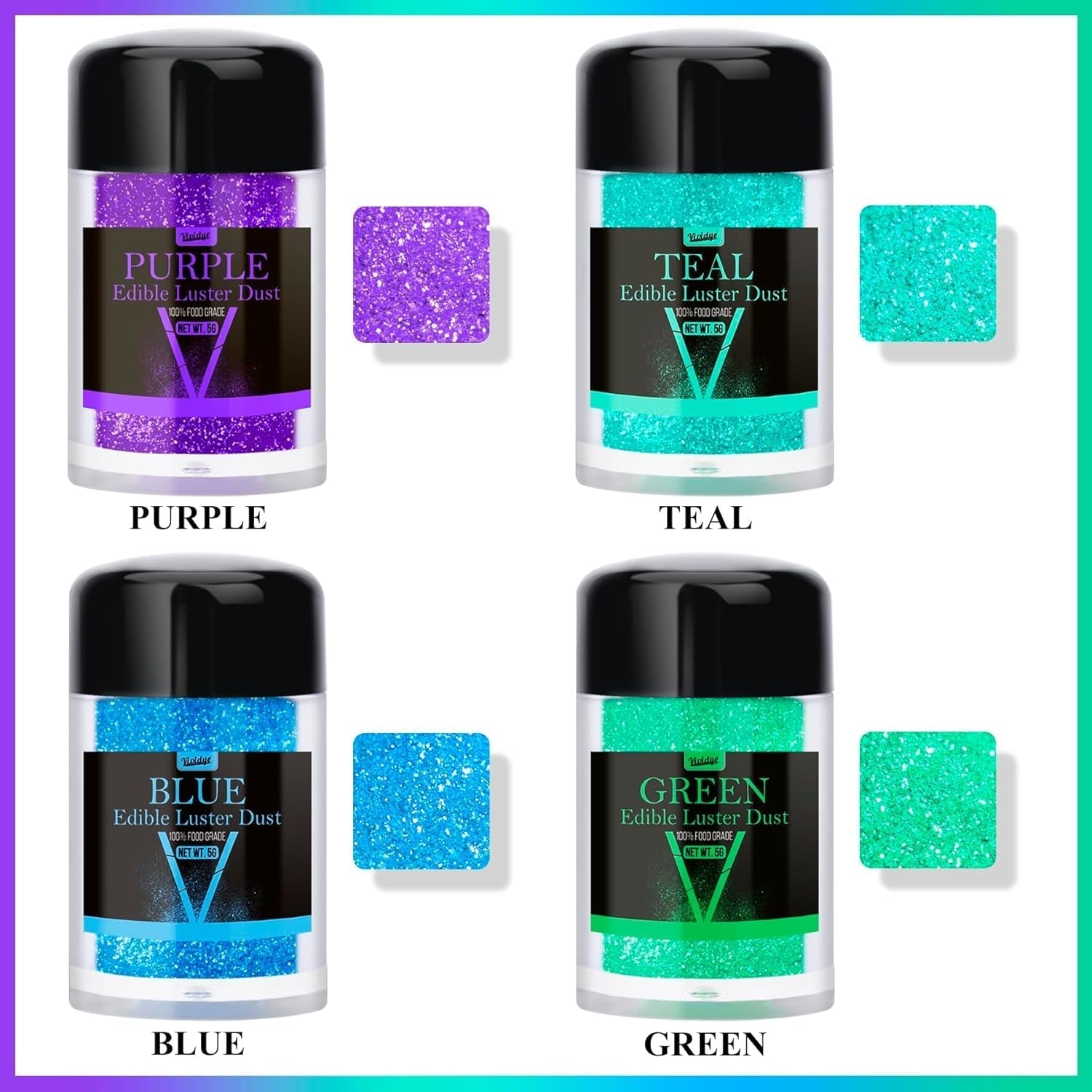 Spiselig glitterglitter - 4 farver spiseligt glitterpulver, glitterpulver til drikkevarer, mad, kager - spiseligt metallisk madfarvepulver til bagning, cocktails - 5G/flaske