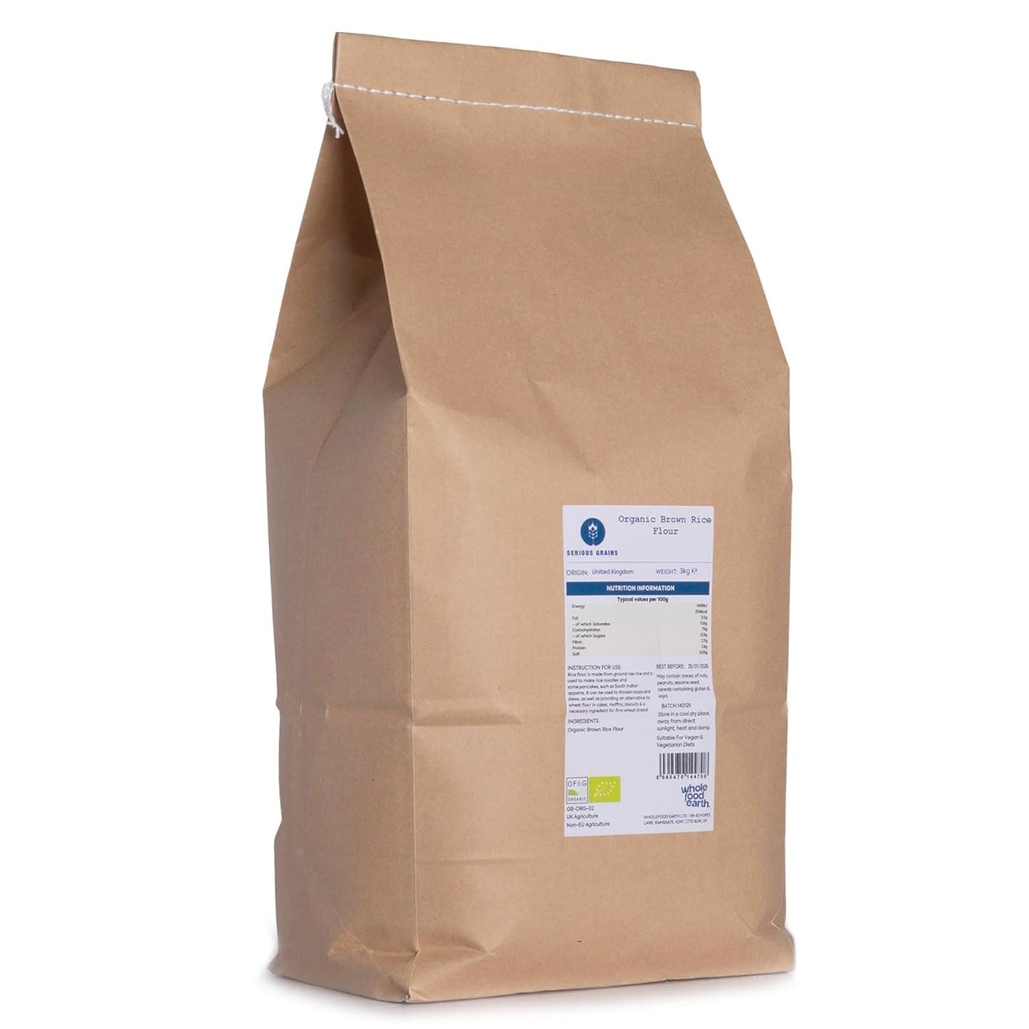 Wholefood Earth Økologisk brunt rismel – 3 kg | Stenjord | Ikke-GMO | Certificeret økologisk