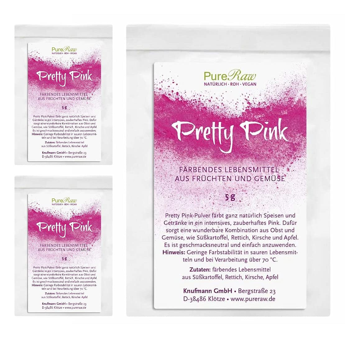 Pretty Pink Natürliche Lebensmittelfarbe Pulver Rosa (Roh Vegan) Pastel Rose Bis Intensiv Rosa-Rot - Essbare Farbe Für Lebensmittel Aus Früchten Und Gemüse - Naturlig fødevarefarve | Pureraw 5G Naty Shop 5 G (3Er Pack) Pink