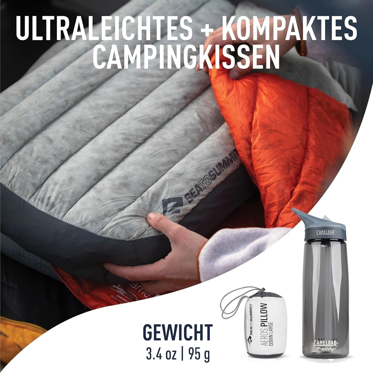 Sea to Summit - Eros dunrejsepude L - Ultralet og oppustelig - 10D materiale - Premium dunpude - Skridsikker - Til vandring og camping - 42 X 28 X 12 Cm - Grå - 95 G Naty Shop rejsepuder